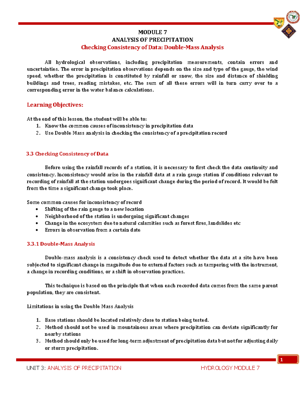 Module 7 - Double Mass Analysis of Precipitation Consistency - Studocu