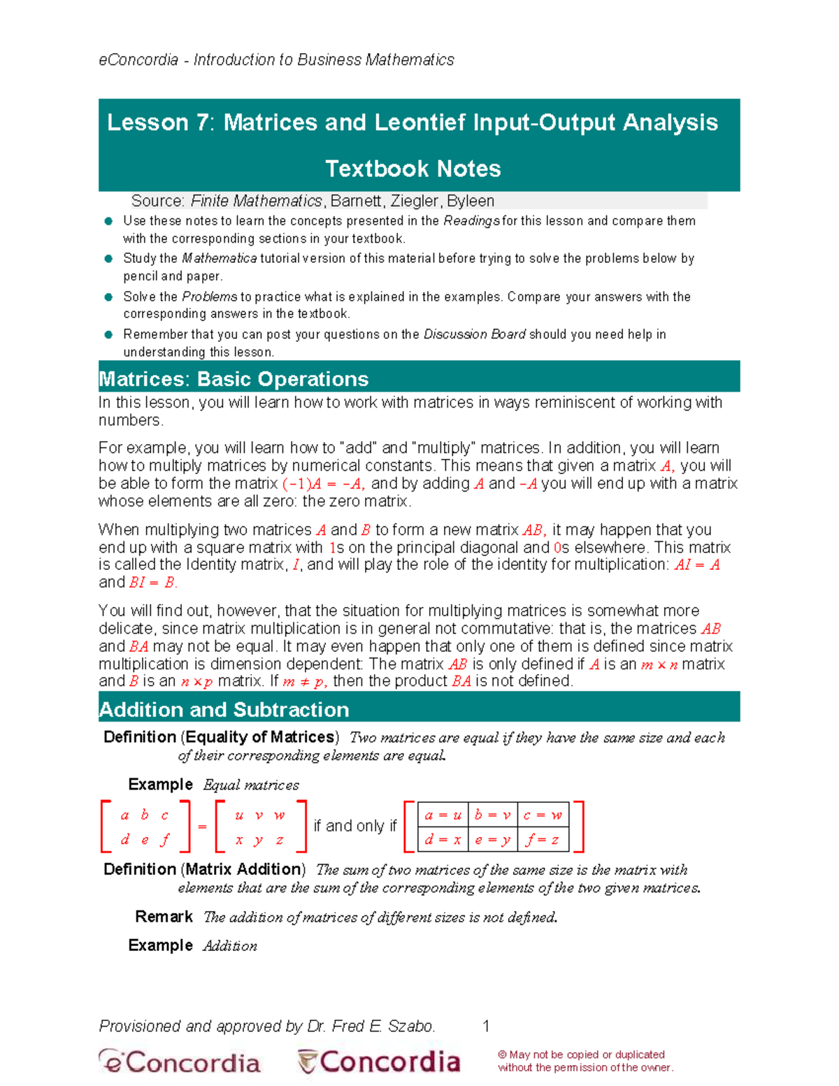 eConcordia Introduction to Business Mathematics L7: Matrices & Leontief ...