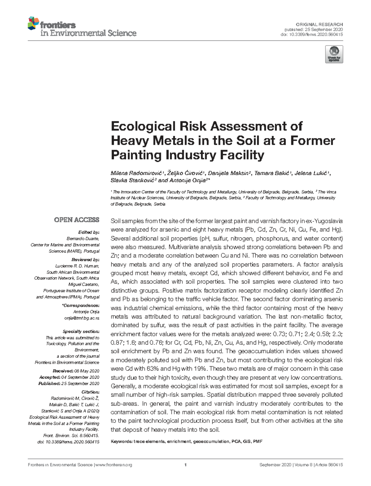 Ecological Risk Assessment of Heavy Metals in Soil at Former Painting ...