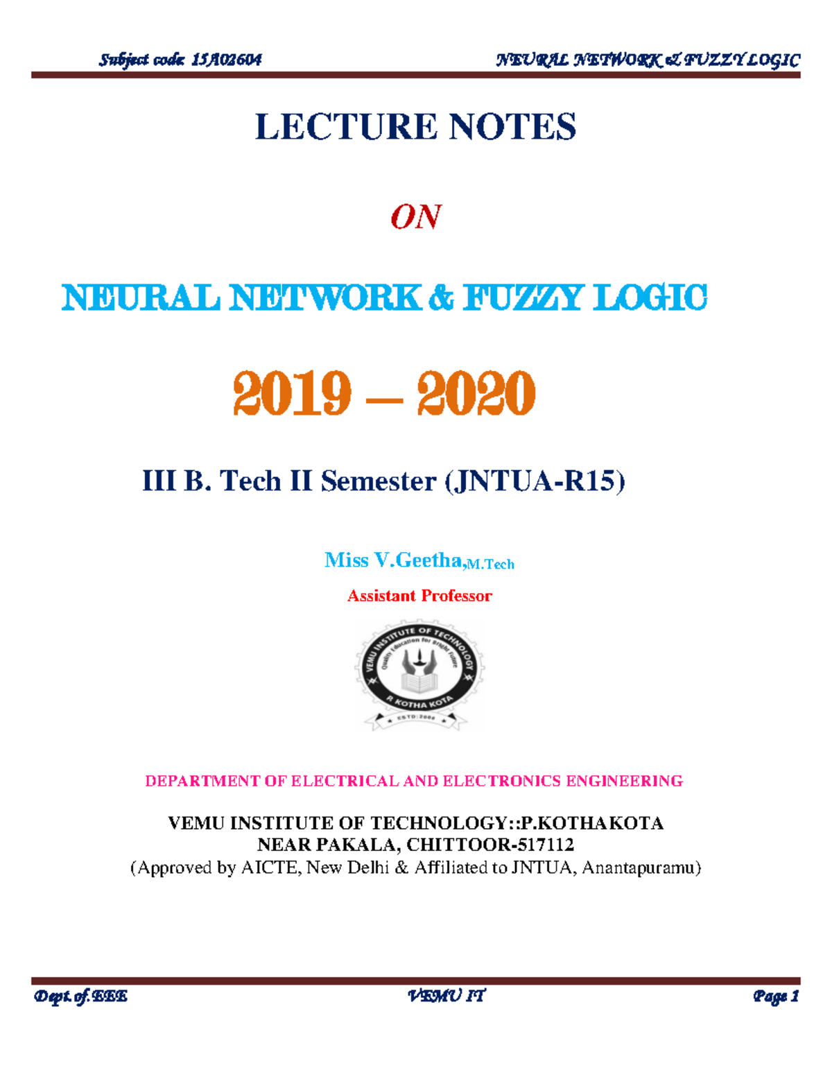15A02604 NEURAL NETWORKS & FUZZY LOGIC LECTURE NOTES (2019-2020) - Studocu