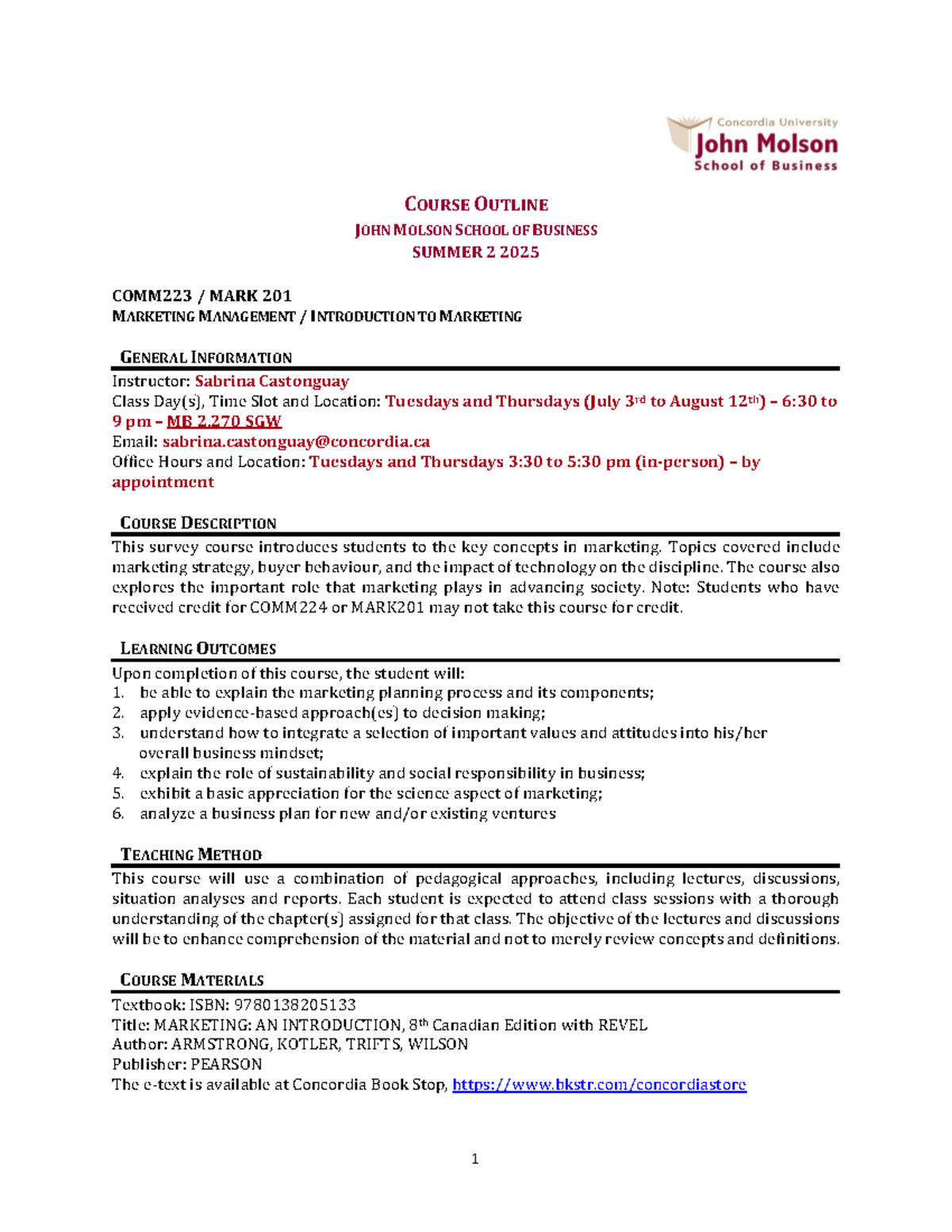 Course Outline: MARK 201 - Marketing Management - Summer 2025 - Studocu