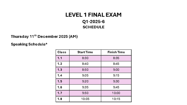 LEVEL 1 FINAL EXAM SCHEDULE - 11th & 12th Dec 2025 - Studocu