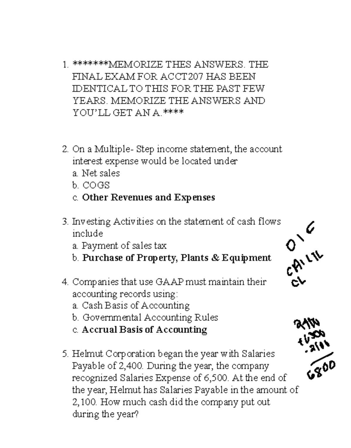 Acct 207 Final Exam - Essential Study Guide and Practice Q&A - Studocu