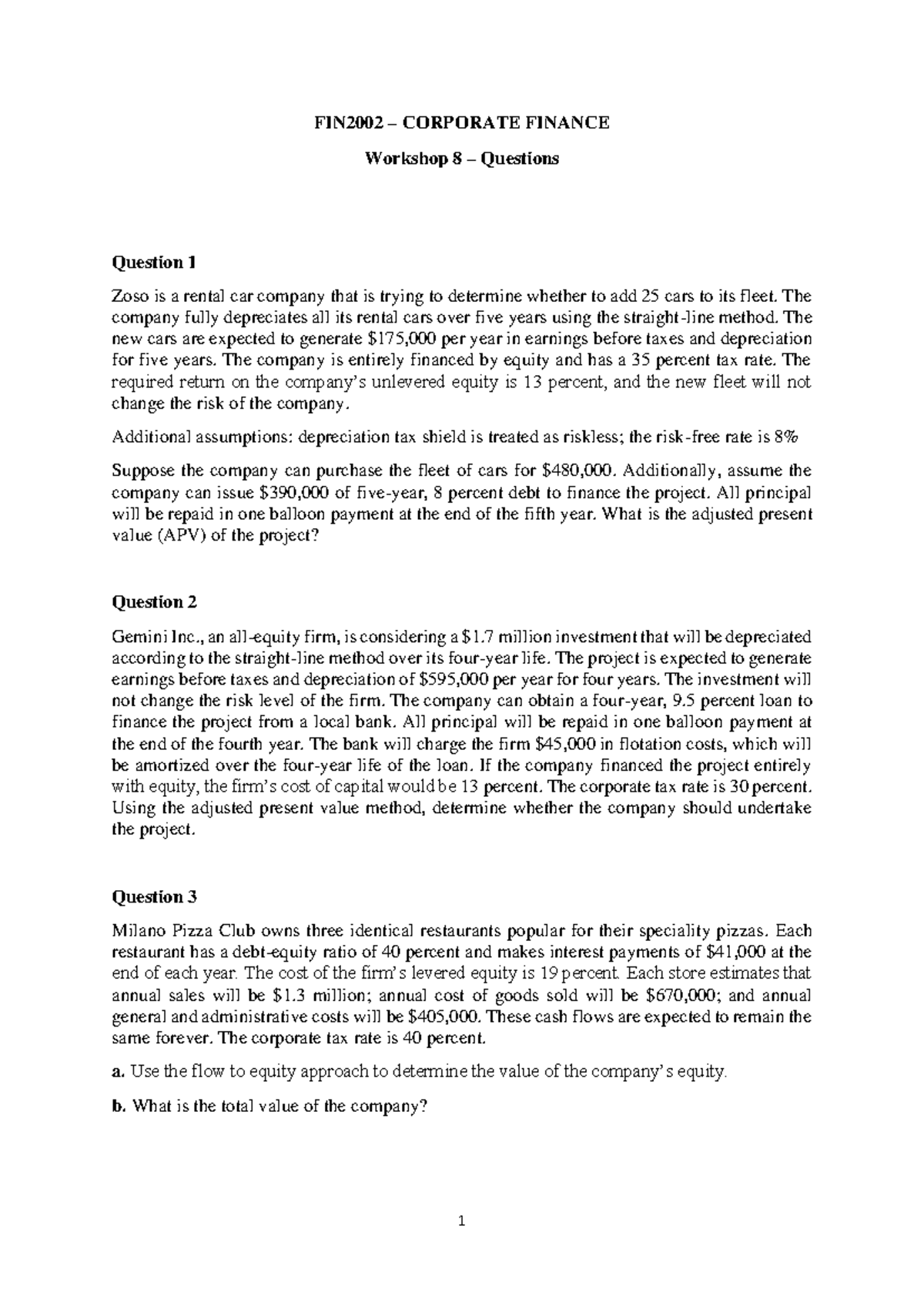 FIN2002 CORPORATE FINANCE Workshop 8: Key Questions & Analysis - Studocu