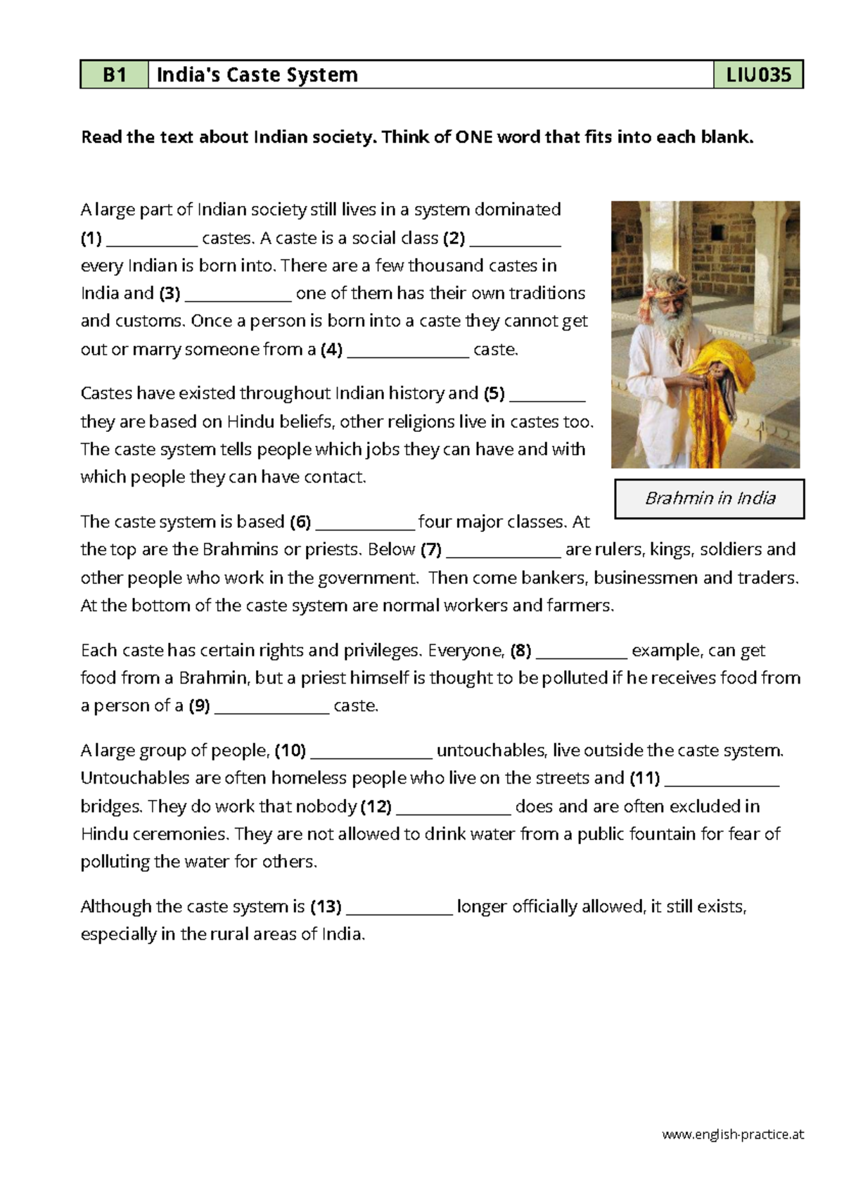 B1 India's Caste System LIU035 Fill in the Blanks Practice - Studocu