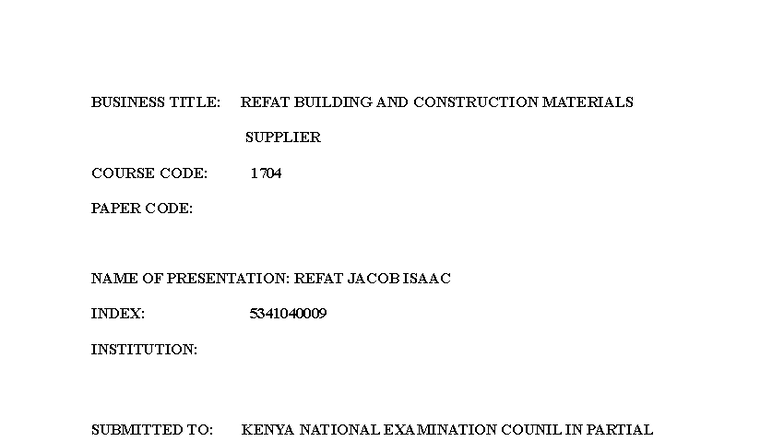 Refat Building & Construction Materials Supplier Business Plan (Course ...