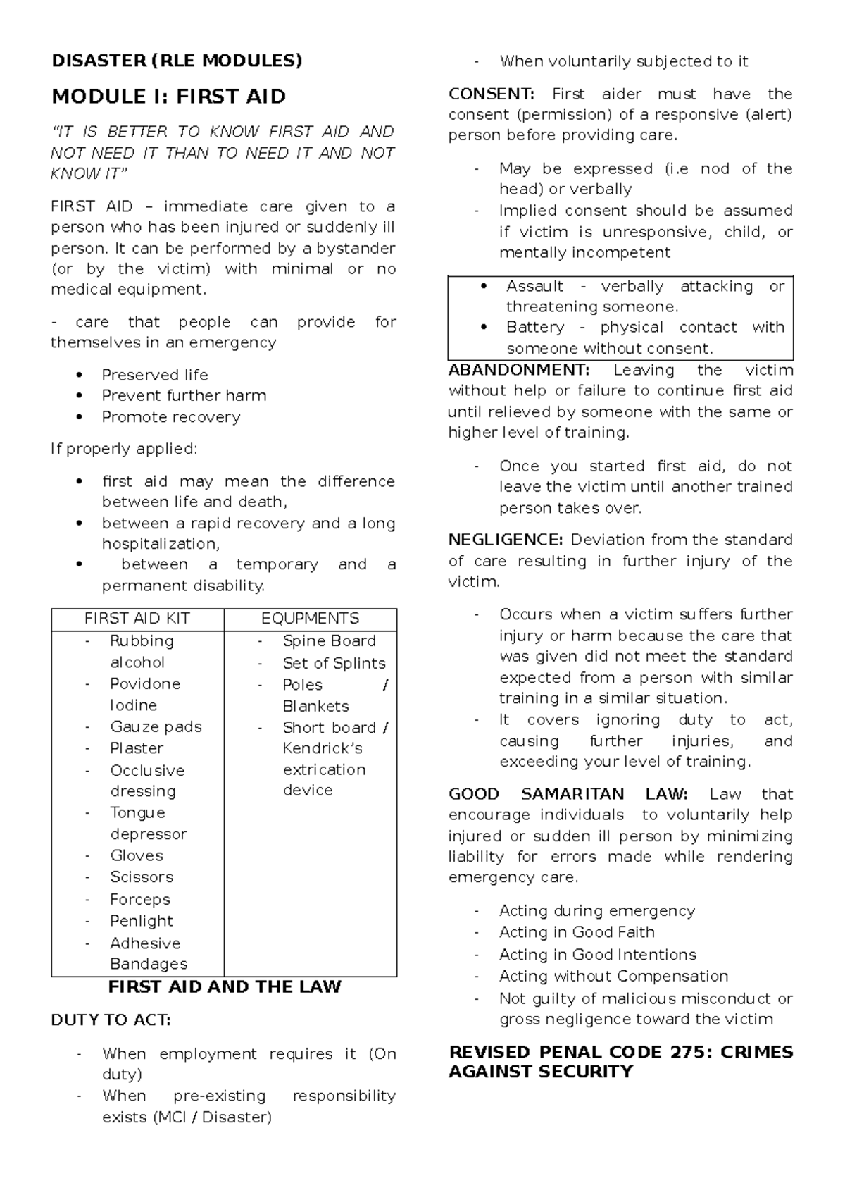 Disaster Management (RLE MODULES) Midterm Review: First Aid Essentials ...