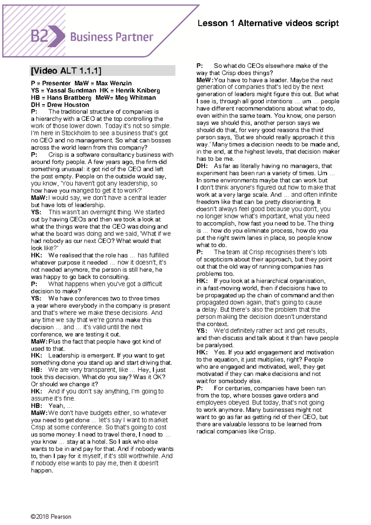B2 L1 Alternative video scripts - © 2018 Pearson Lesson 1 Alternative ...