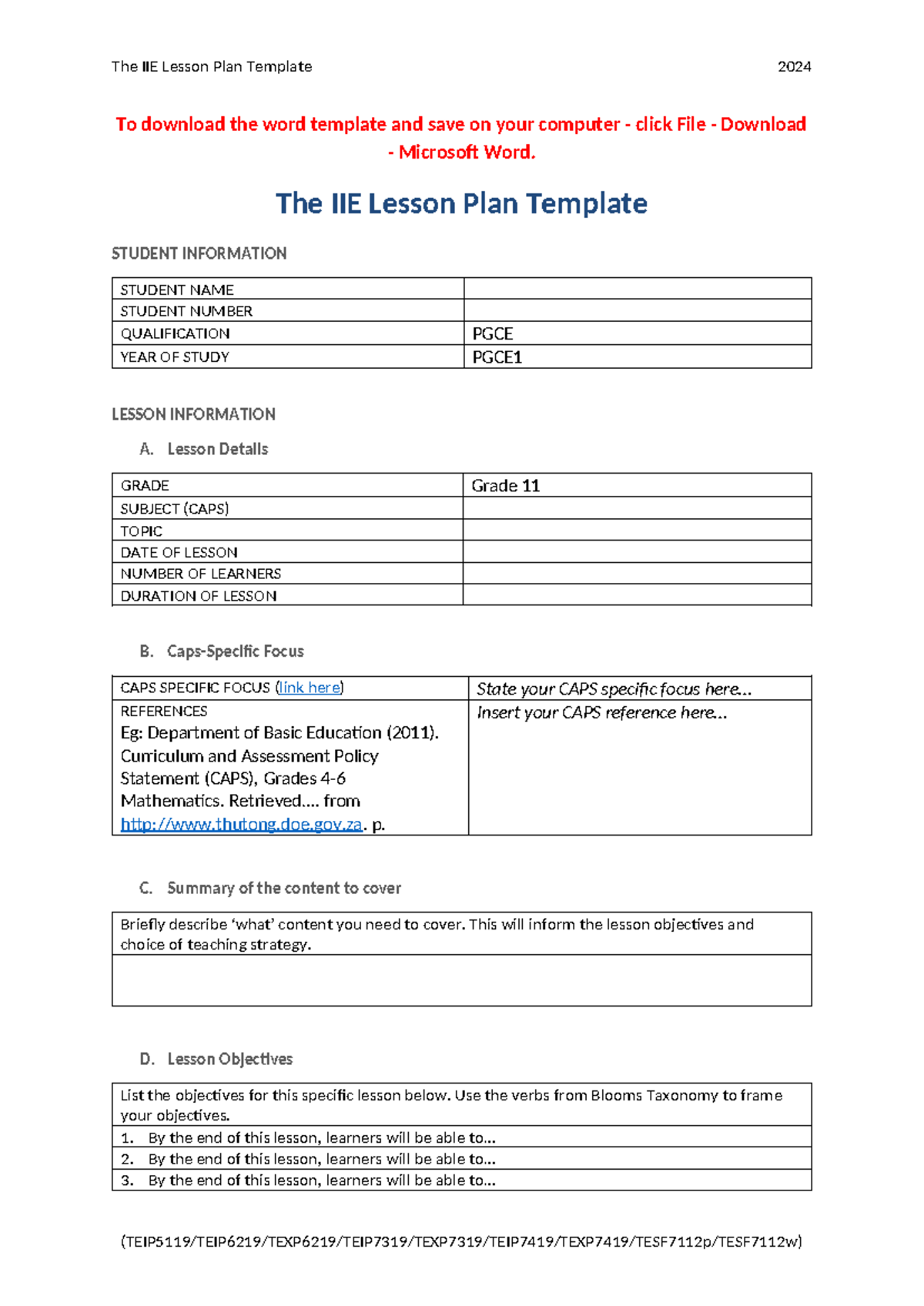 IIE PGCE Lesson Plan Template for Grade 11 Lesson Design - Studocu