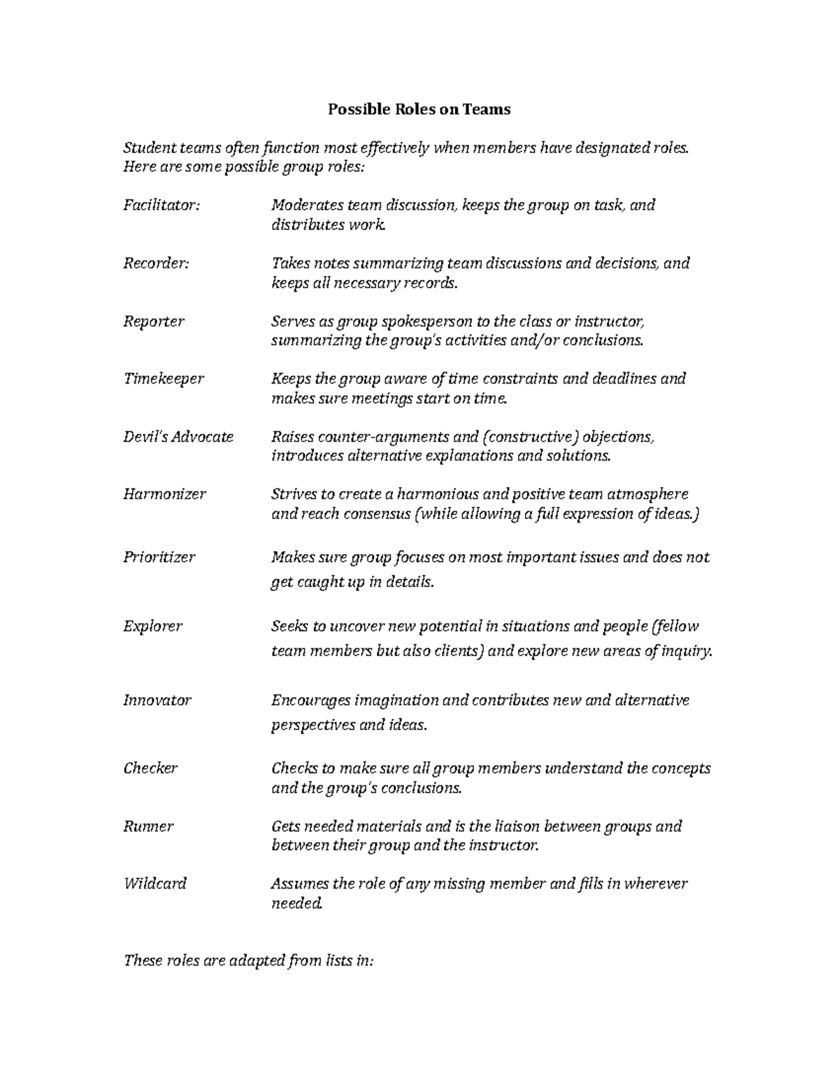 Team-Roles - aaaaa - Possible Roles on Teams Student teams often ...