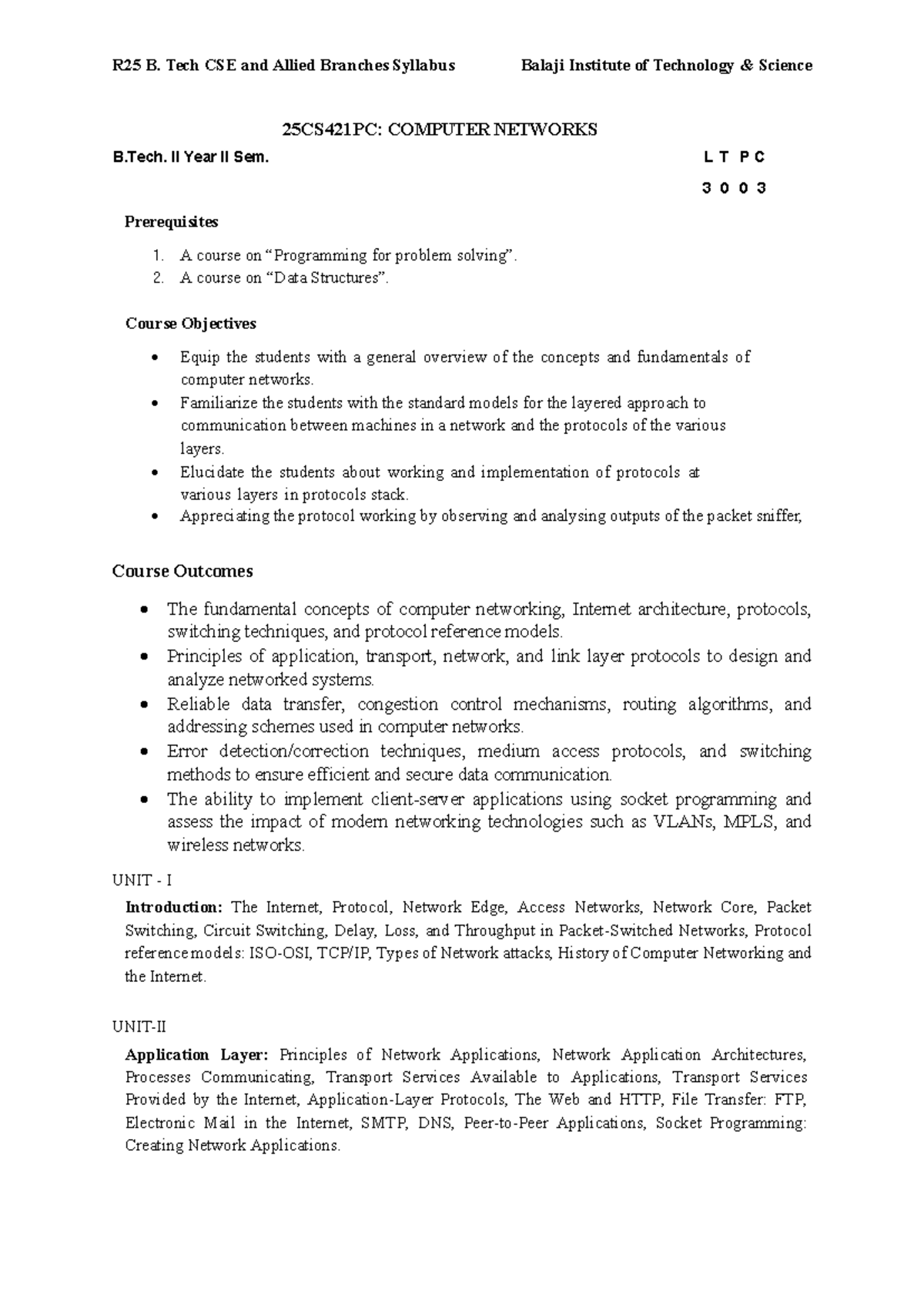25CS421PC: Computer Networks Syllabus - B.Tech II Year II Sem. - Studocu