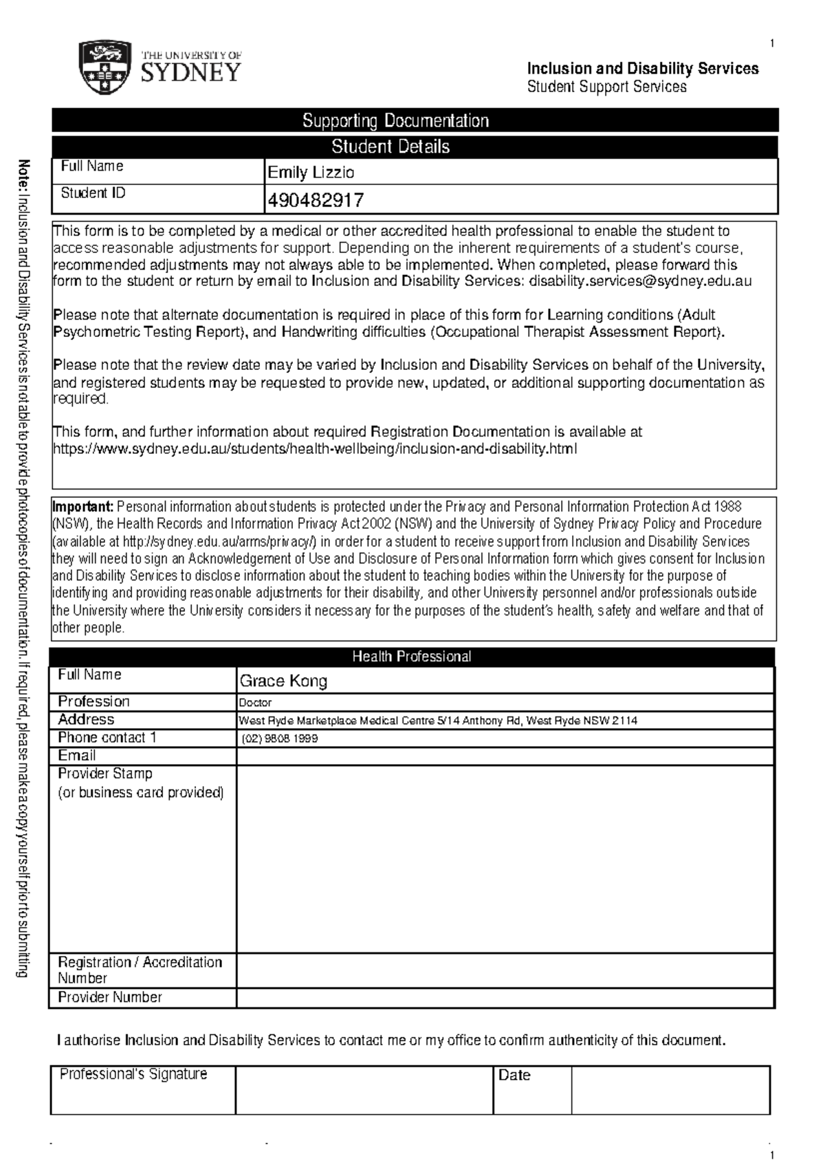 Support Documentation for Inclusion & Disability Services at Uni of ...