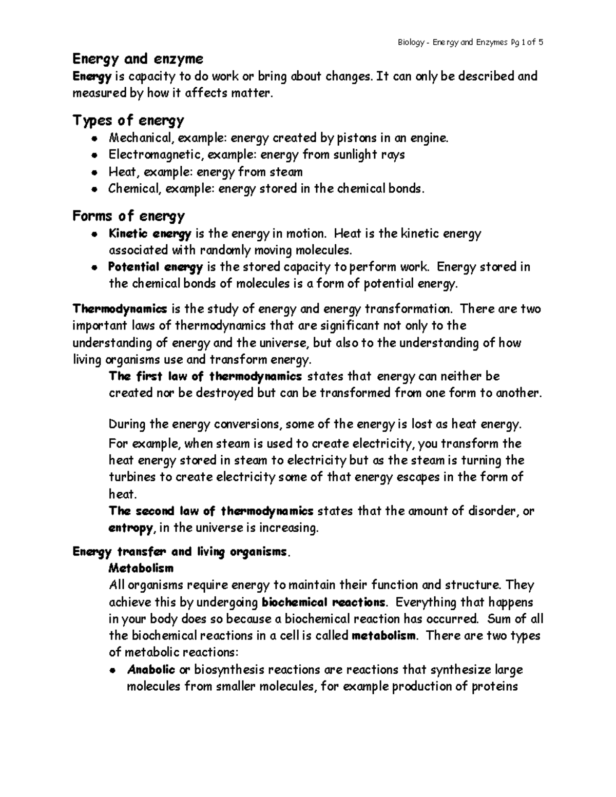 Biology Lecture: Overview of Energy and Enzymes (Bio 101) - Studocu