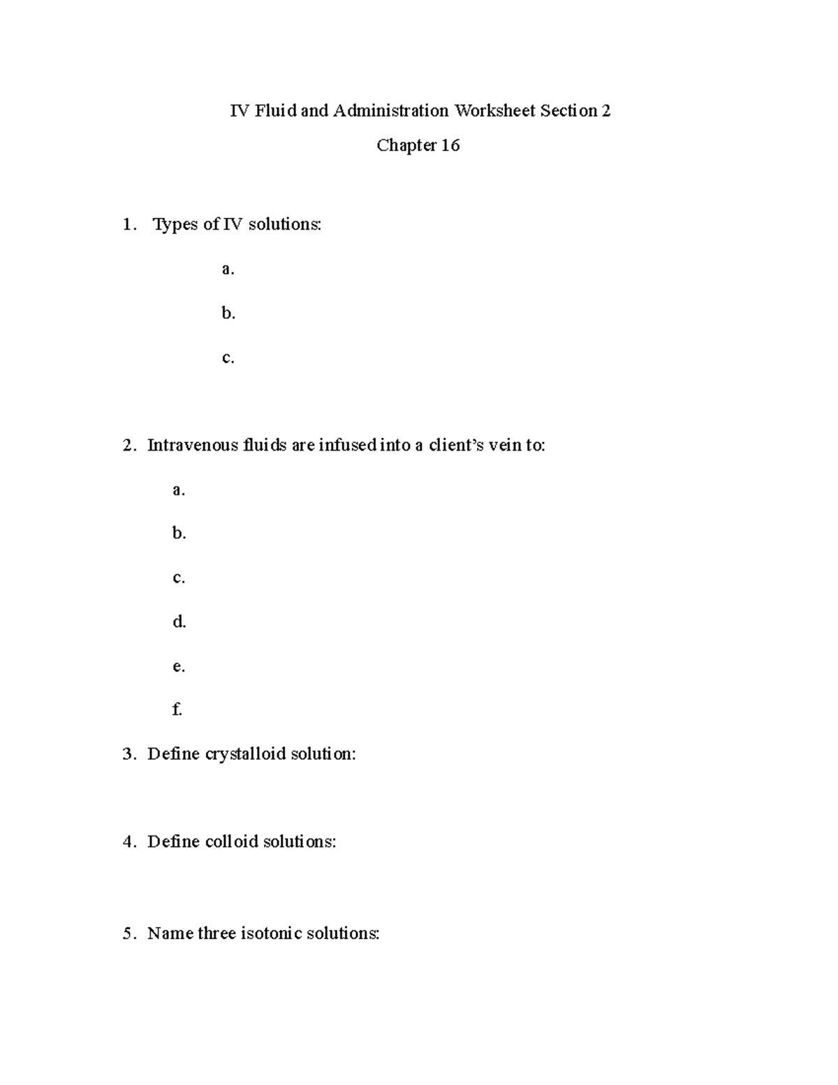 IV Fluid Administration Worksheet - Chapter 16 - Studocu