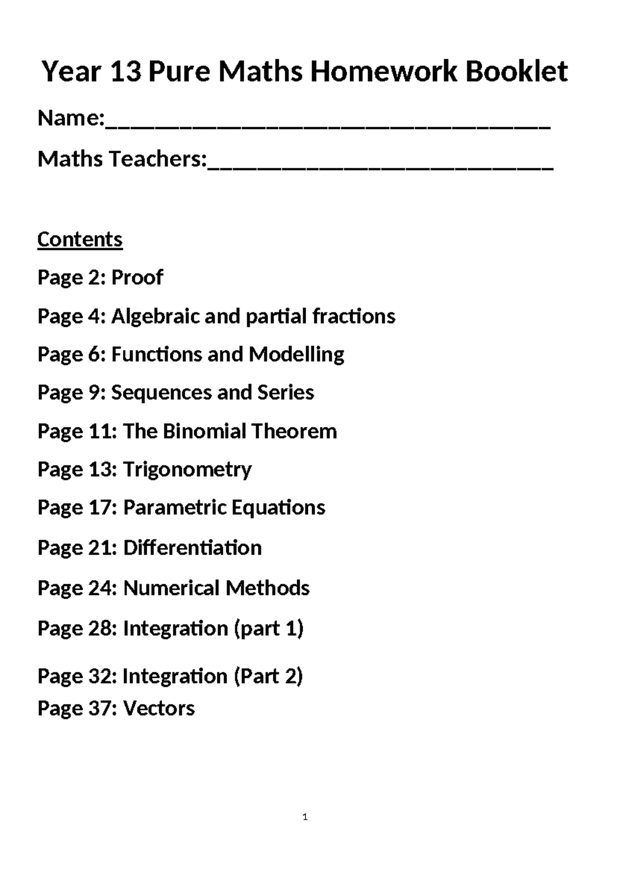 Year 13 Pure Maths Homework Booklet - Comprehensive Topics Guide - Studocu