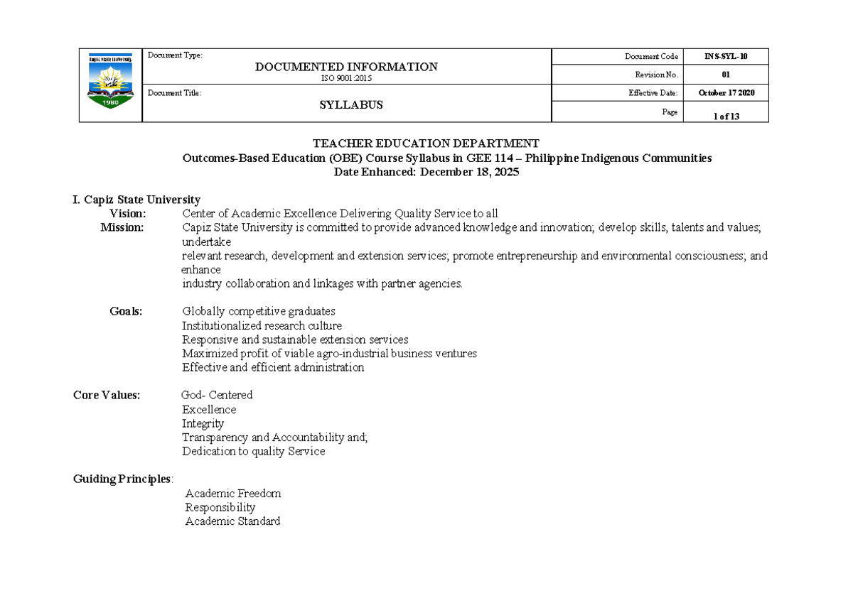 Revised Syllabus for GEE 114: Philippine Indigenous Communities (2024 ...