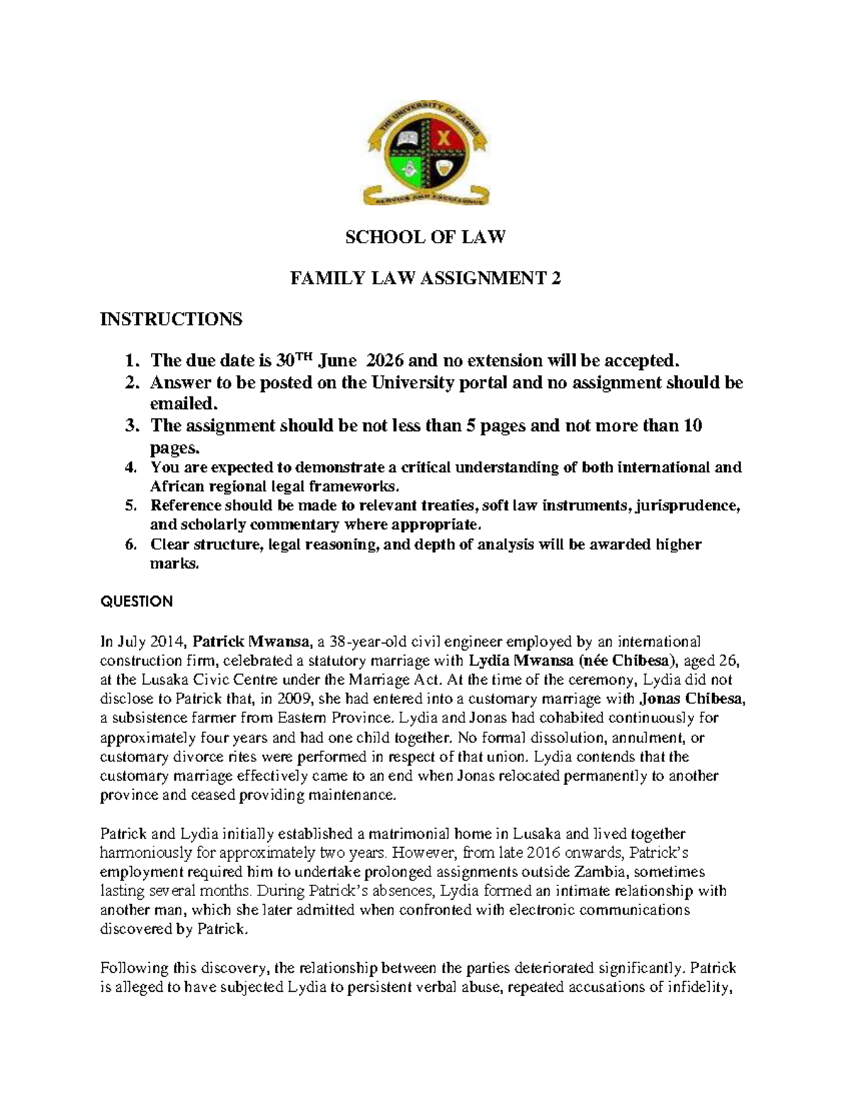 Family Law Assignment 2 (SCHOOL OF LAW) - Due June 30, 2026 - Studocu