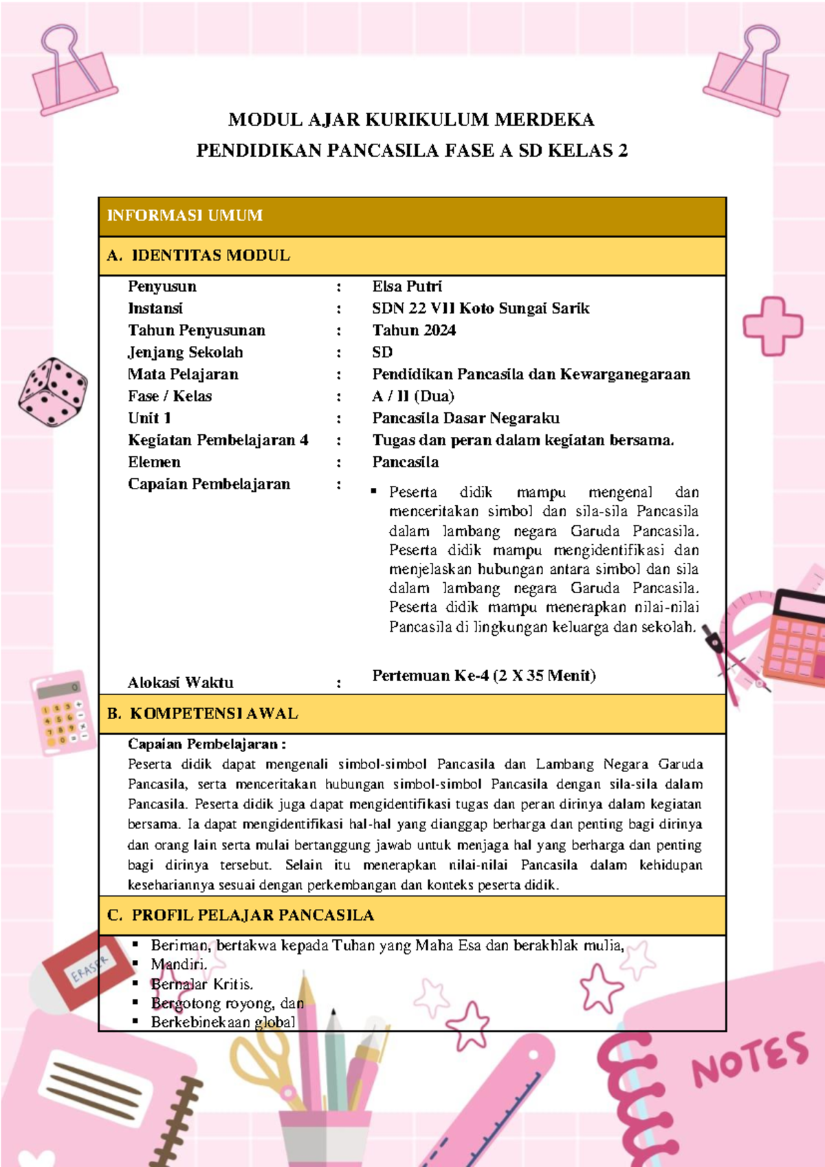 Modul Ajar Kurikulum Merdeka PKN Fase A SD Kelas 2: Pembelajaran ...