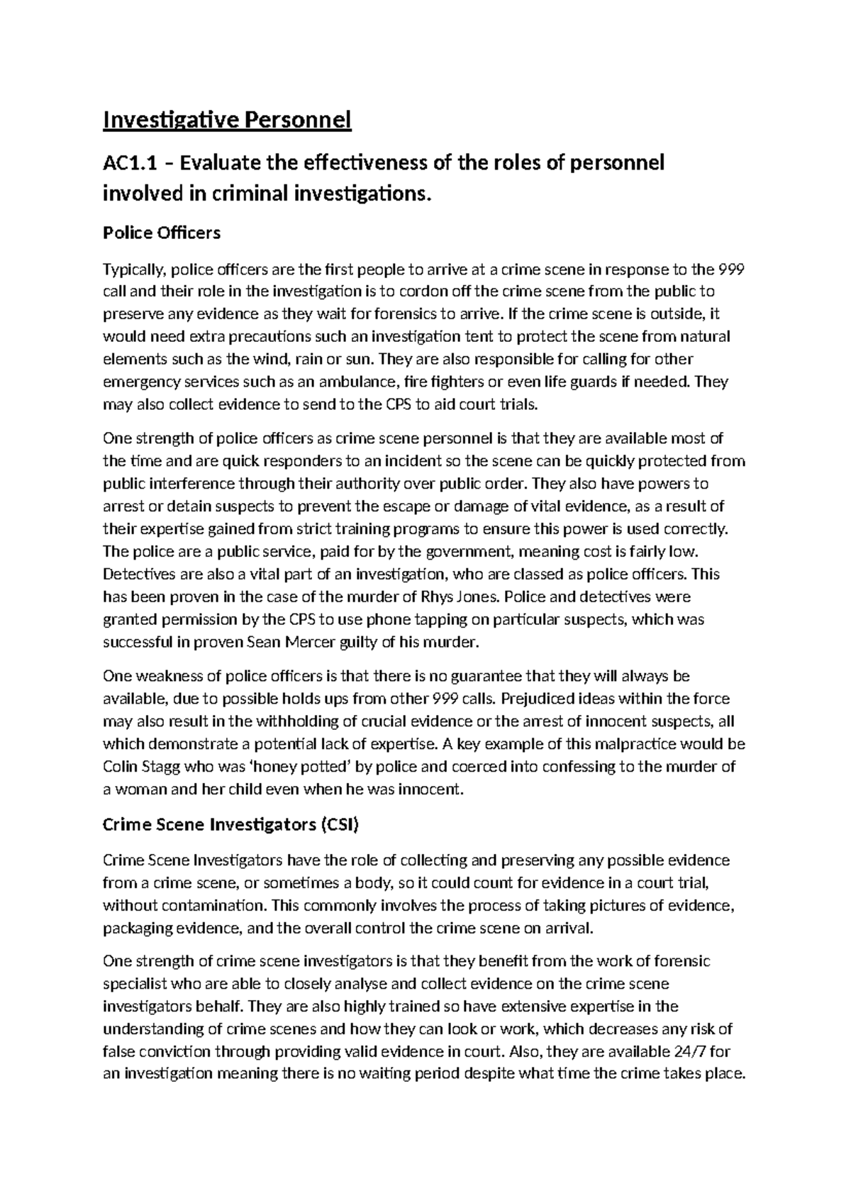 Unit 3 AC1.1: Effectiveness of Investigative Personnel in Criminal ...