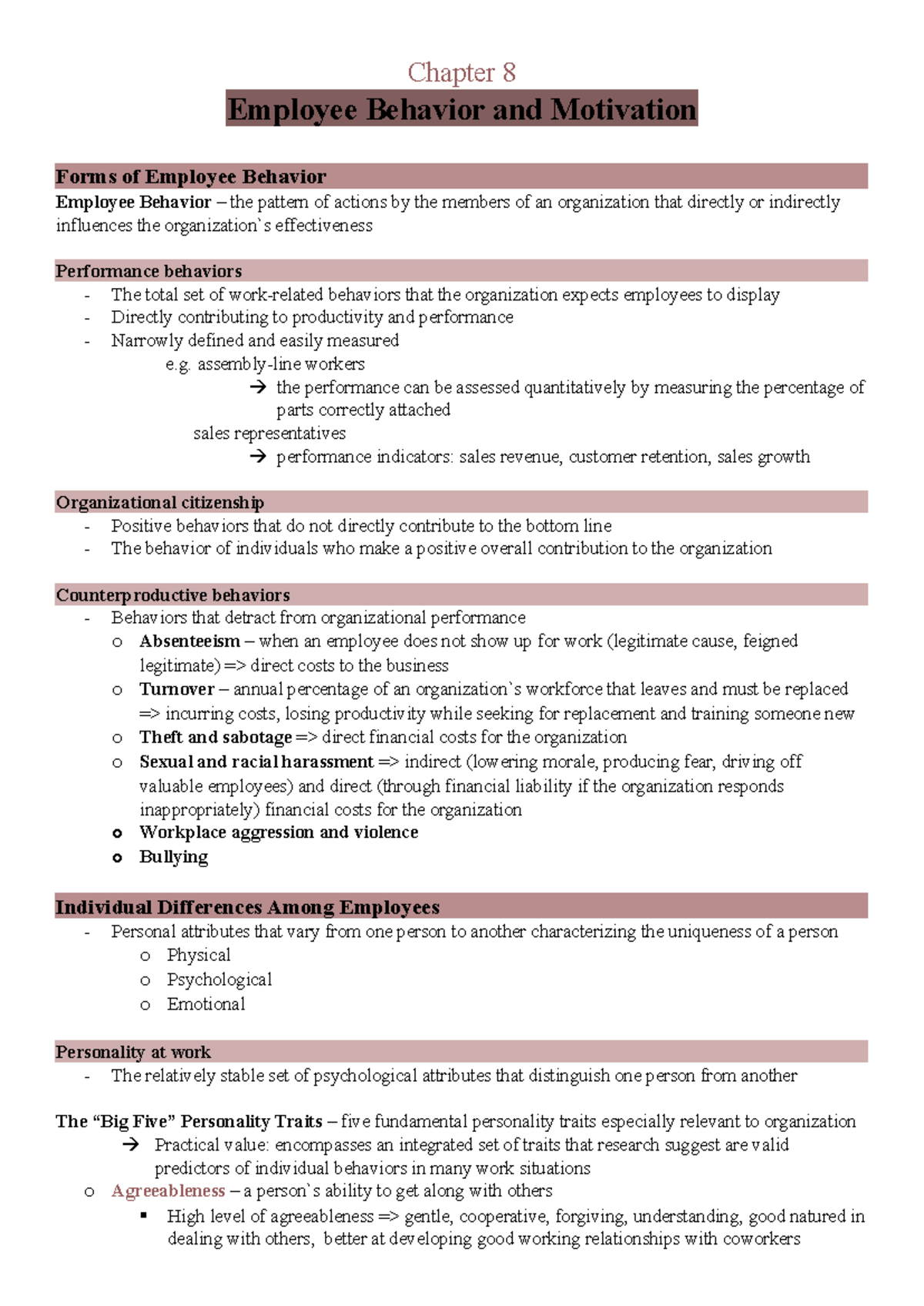 Employee Behavior and Motivation (chapter 7) - Chapter 8 Employee ...