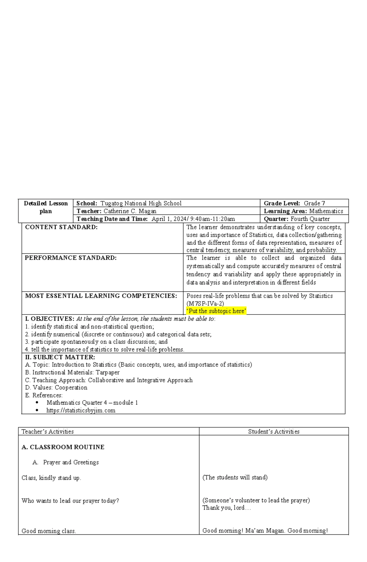 Detailed Lesson Plan on Statistics for Grade 7 (M7SP-IVa-2) - Studocu