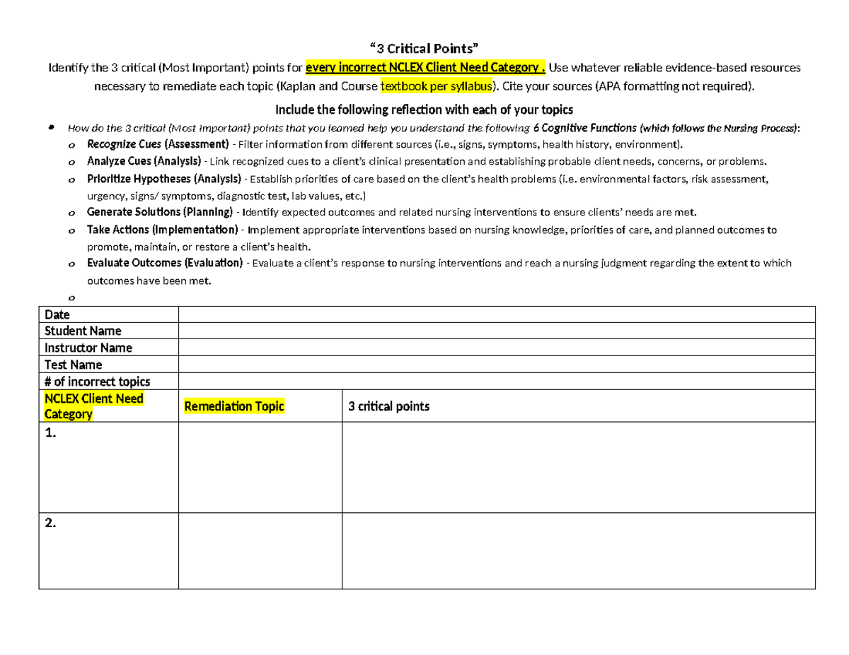 ACC- Critical Points Remediation - “3 Critical Points” Identify the 3 ...
