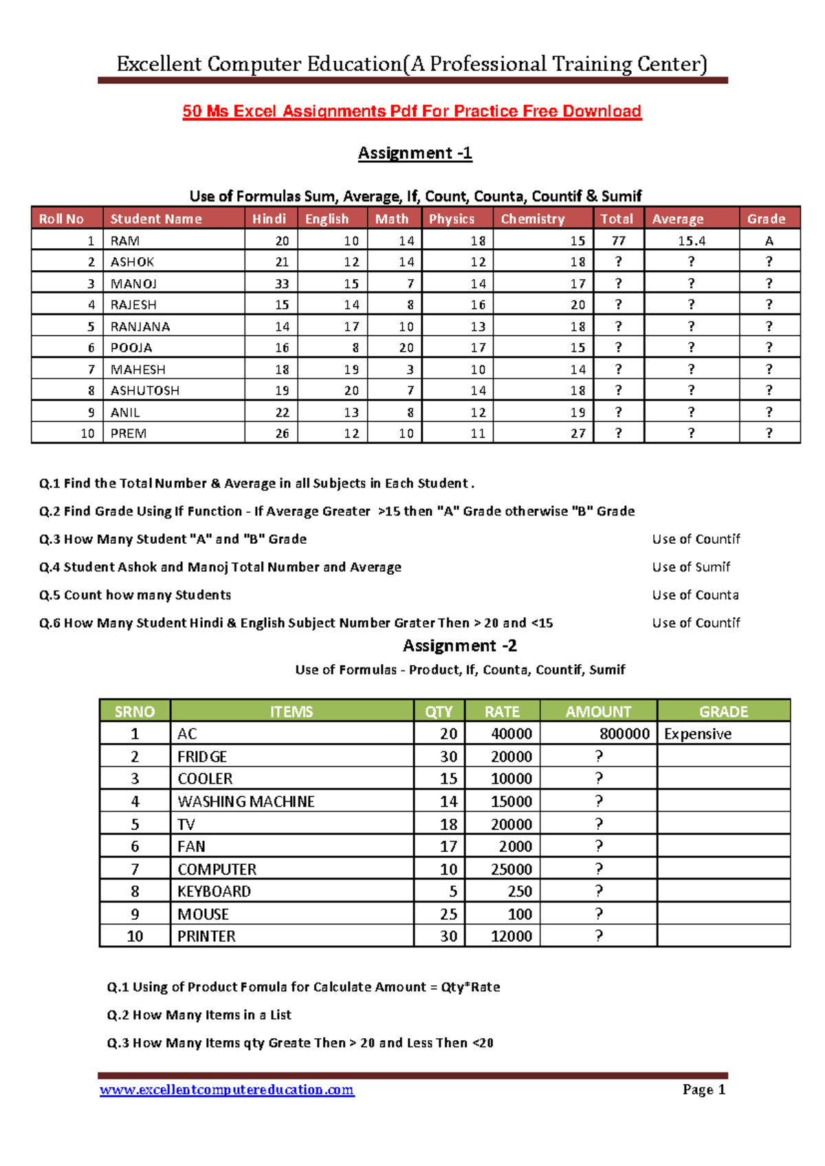 Excel Formulas Practice Assignments - Excellent Computer Education ...