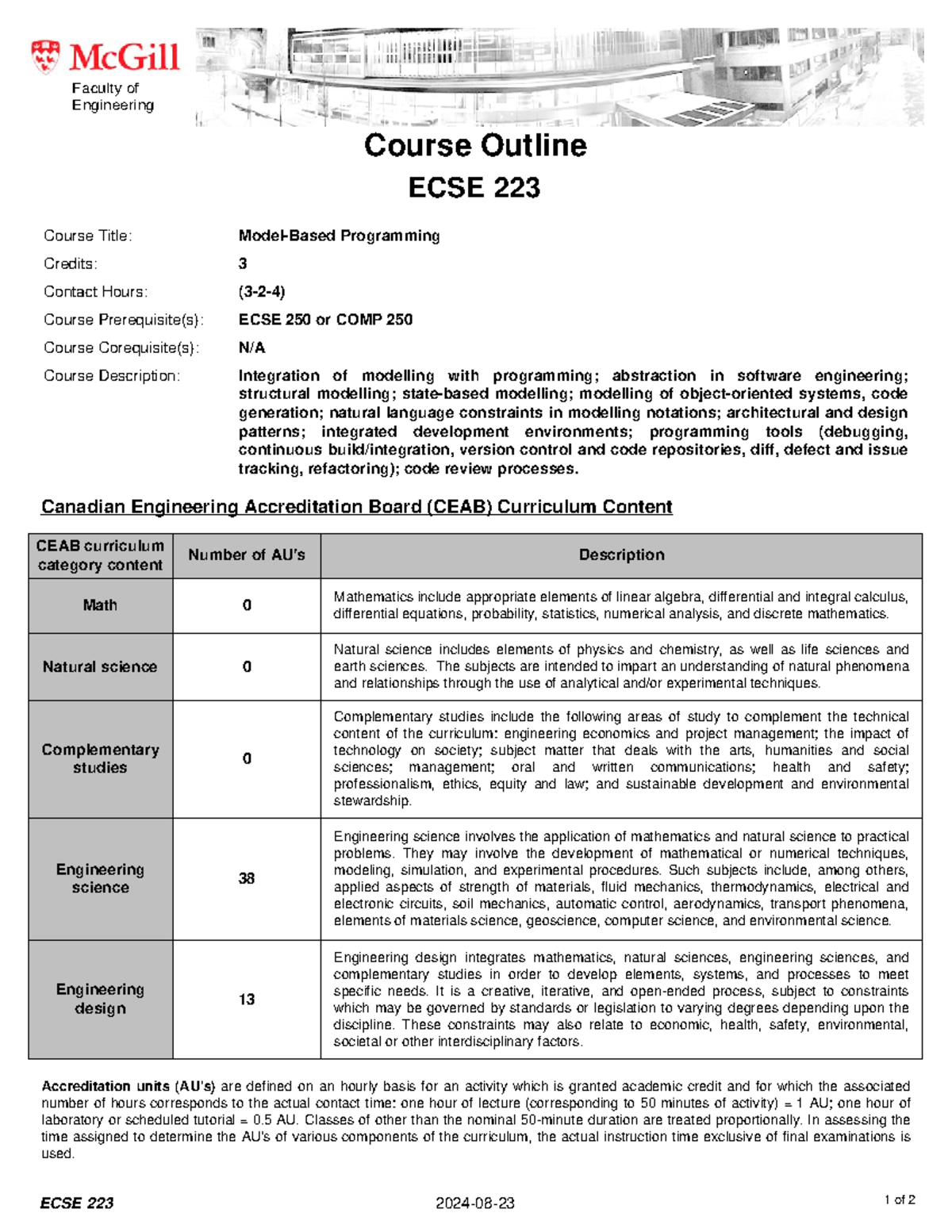 2024-03 ECSE223 - Course Outline - ECSE 223 2024-08-23 1 of 2 Faculty ...