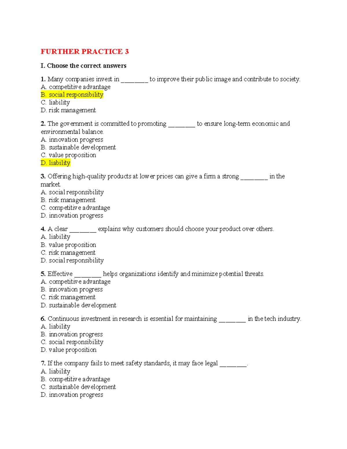 Further Practice 3: Quiz on Market Concepts and Strategies - Studocu