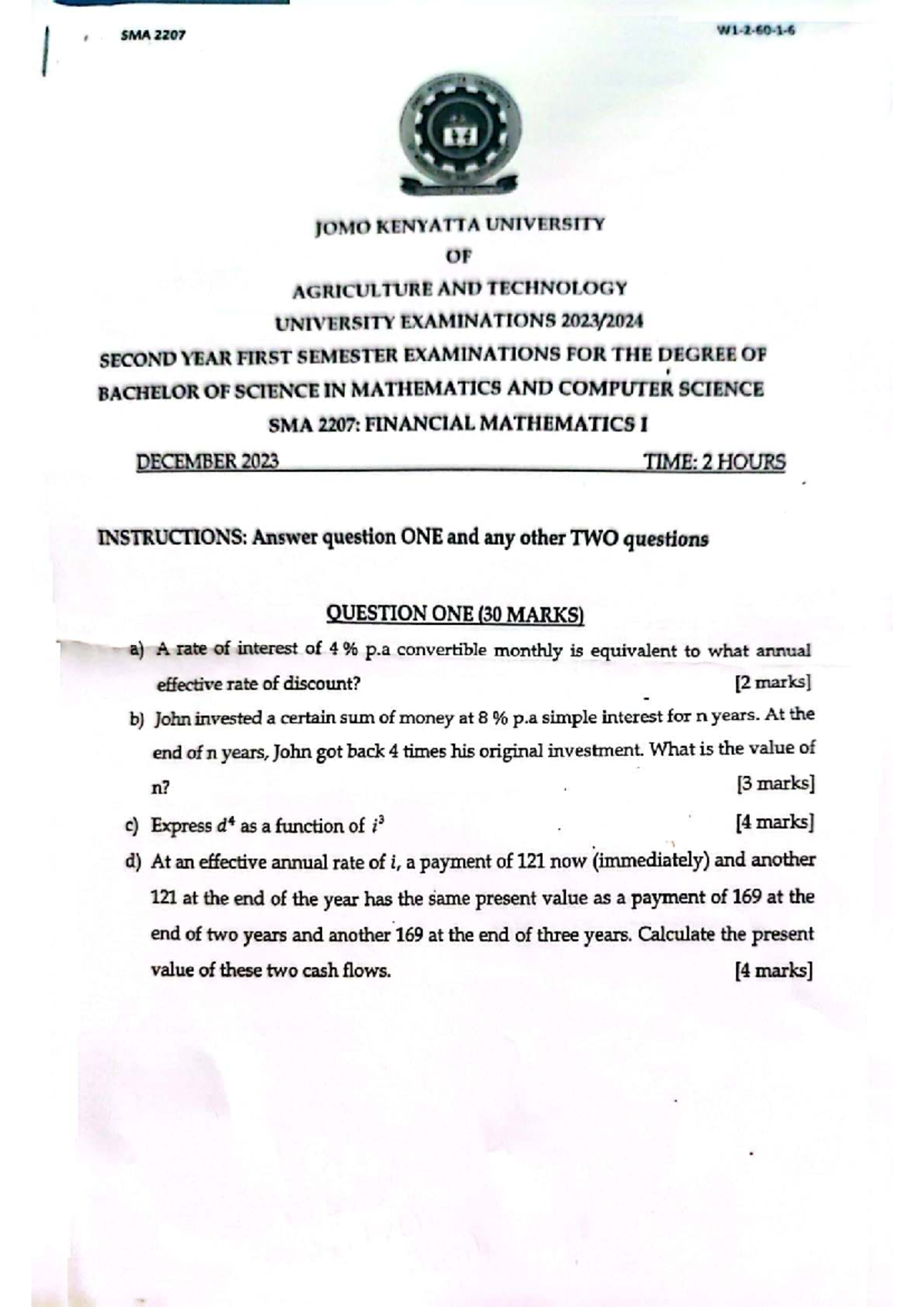 SMA 2207: Financial Mathematics I Exam Paper Revision Notes - Studocu
