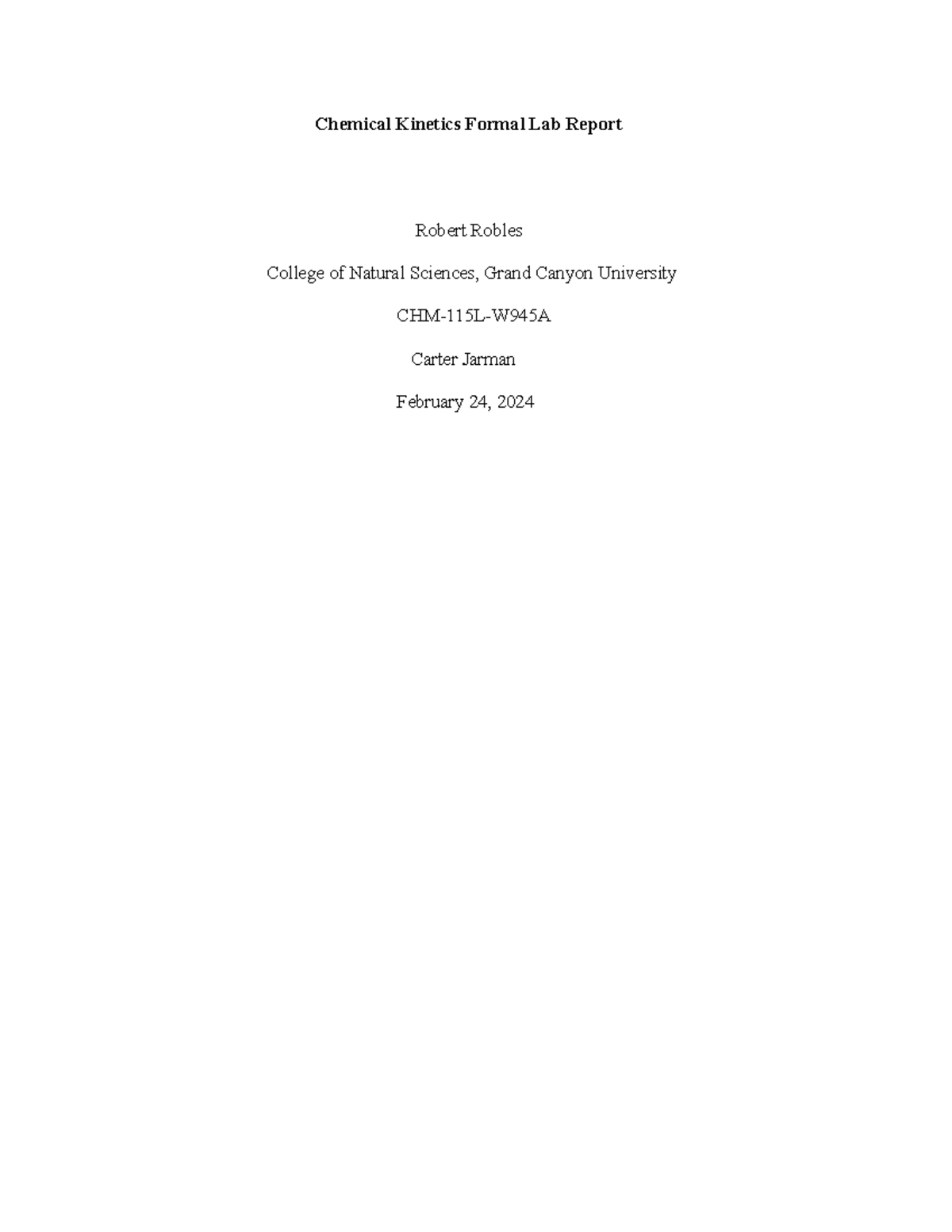 Chemical kinetics formal lab report (CNS 101) - Studocu
