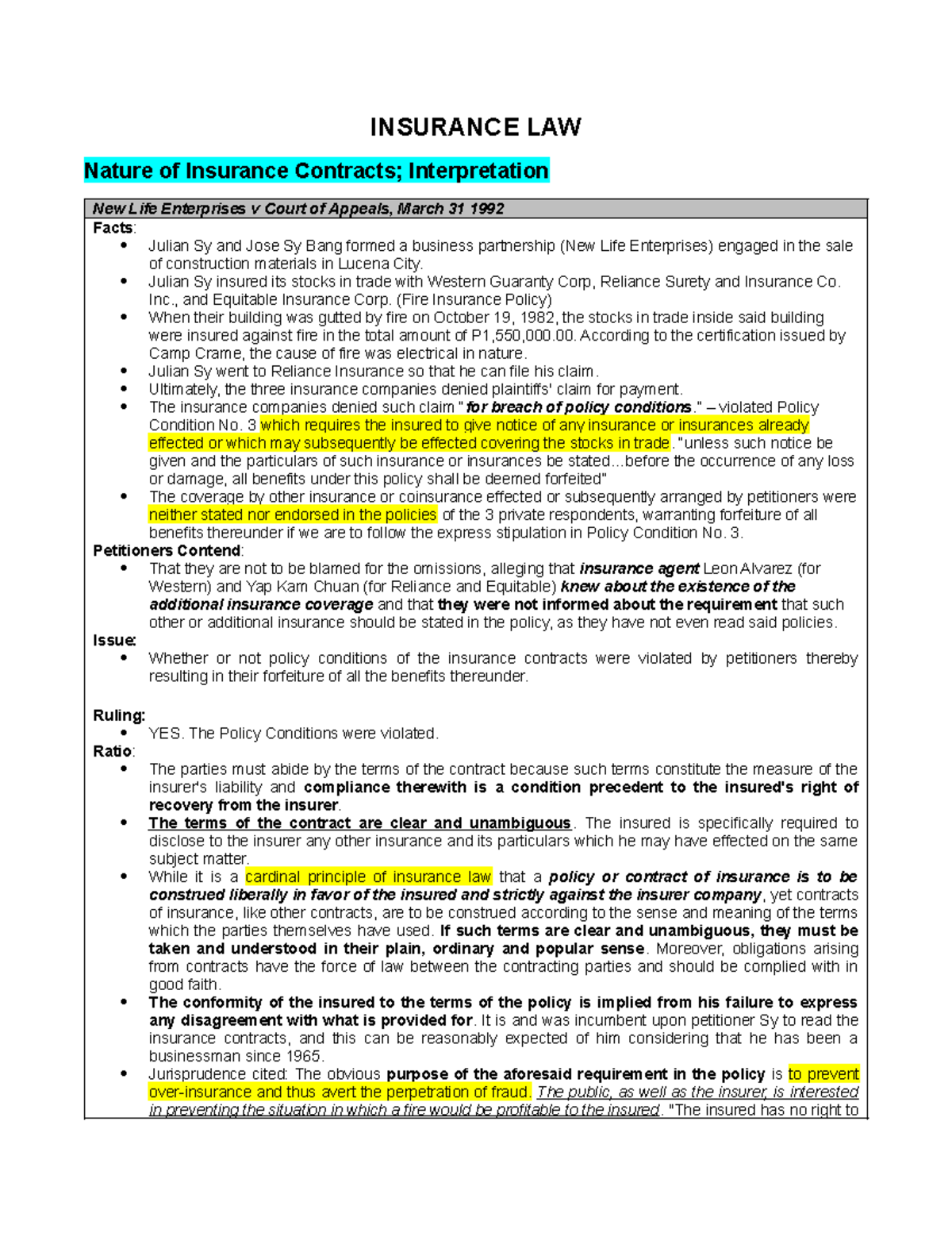 Insurance Law Case Studies: Key Rulings and Interpretations - Studocu