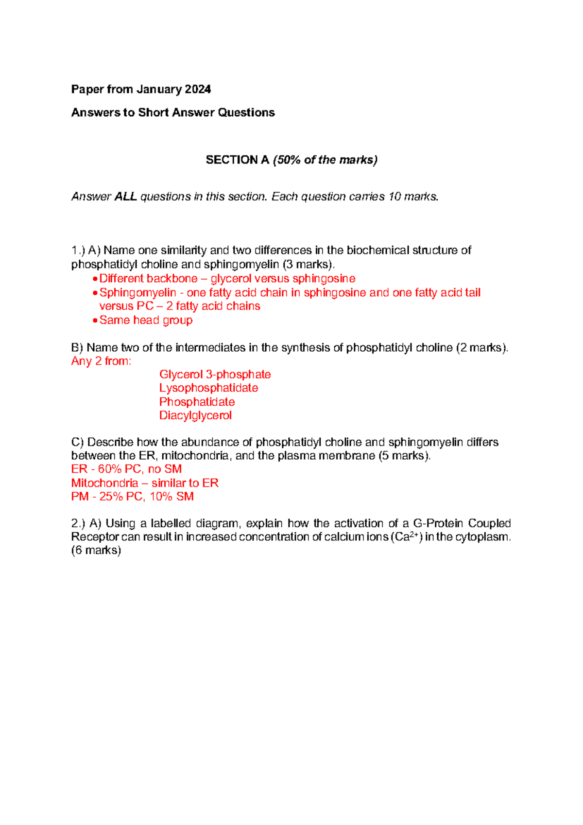 BIOL21141 Sem1 2024 Past Paper: Short Answer Q&A - Studocu