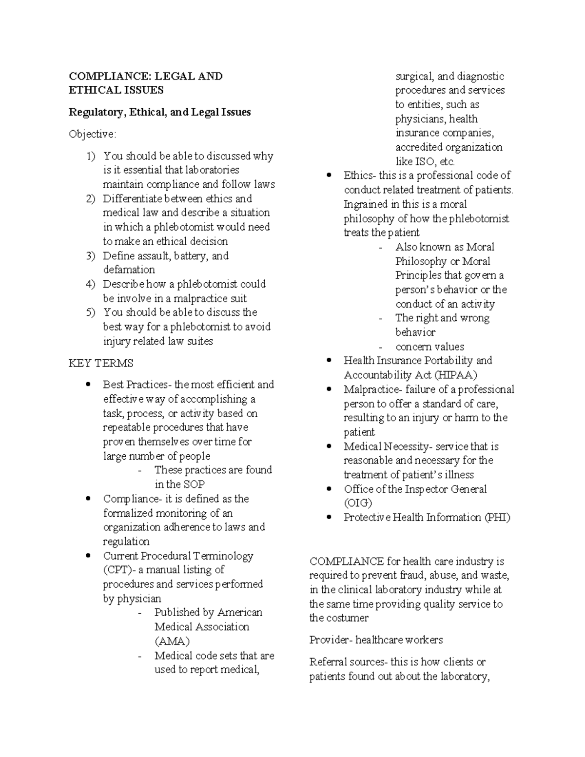 PMLS 2 Compliance Notes: Legal & Ethical Issues in Healthcare - Studocu