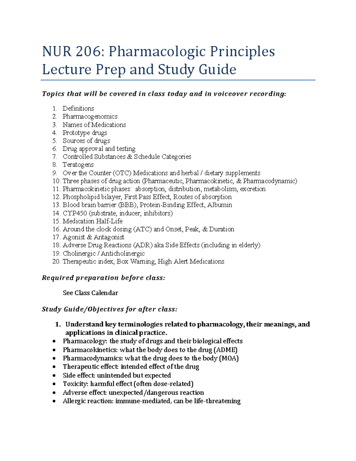 NUR 206: Pharmacologic Principles Lecture Study Guide and Key Topics ...