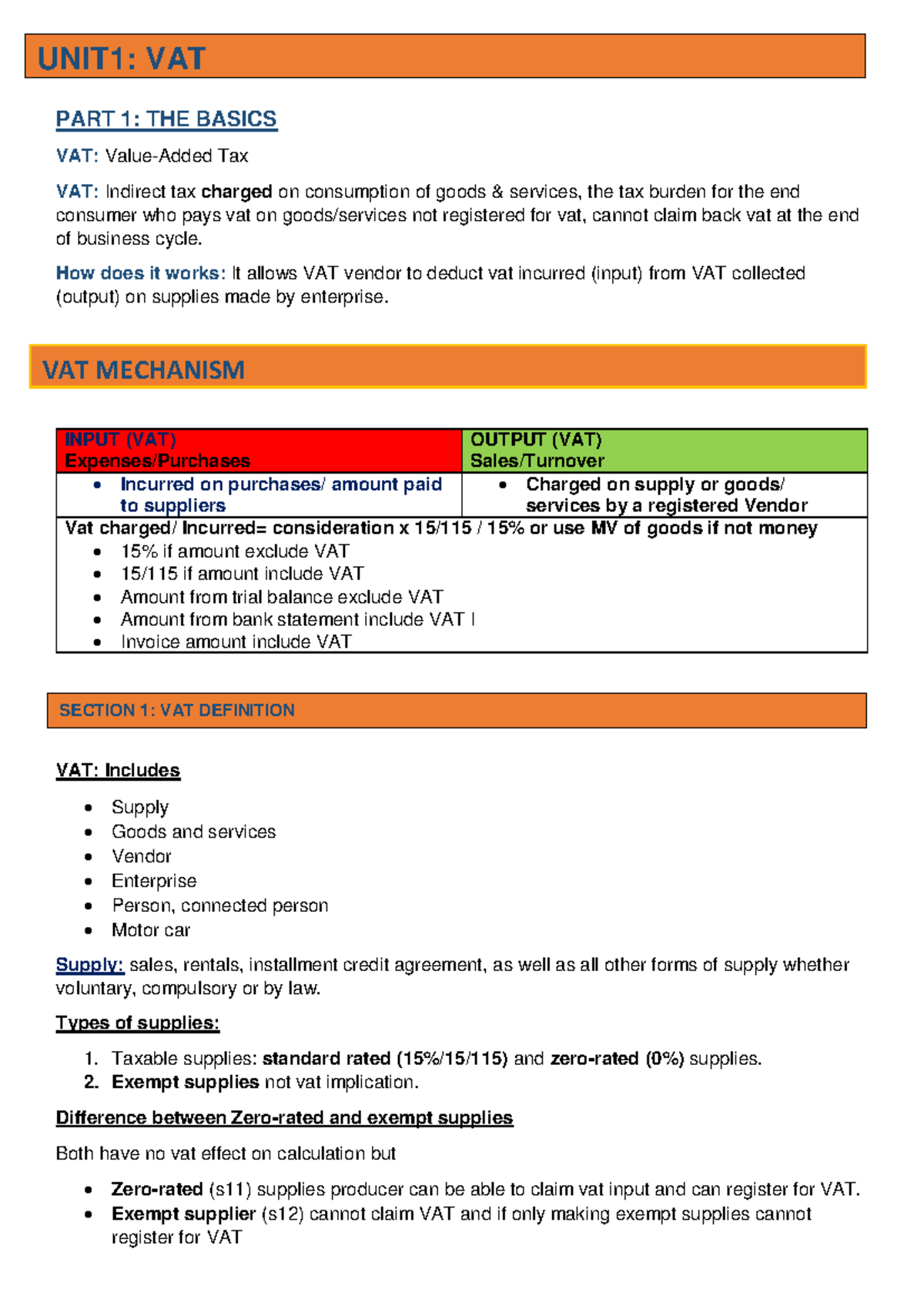 UNIT1: VAT Summary - Understanding the Basics and Mechanisms - Studocu