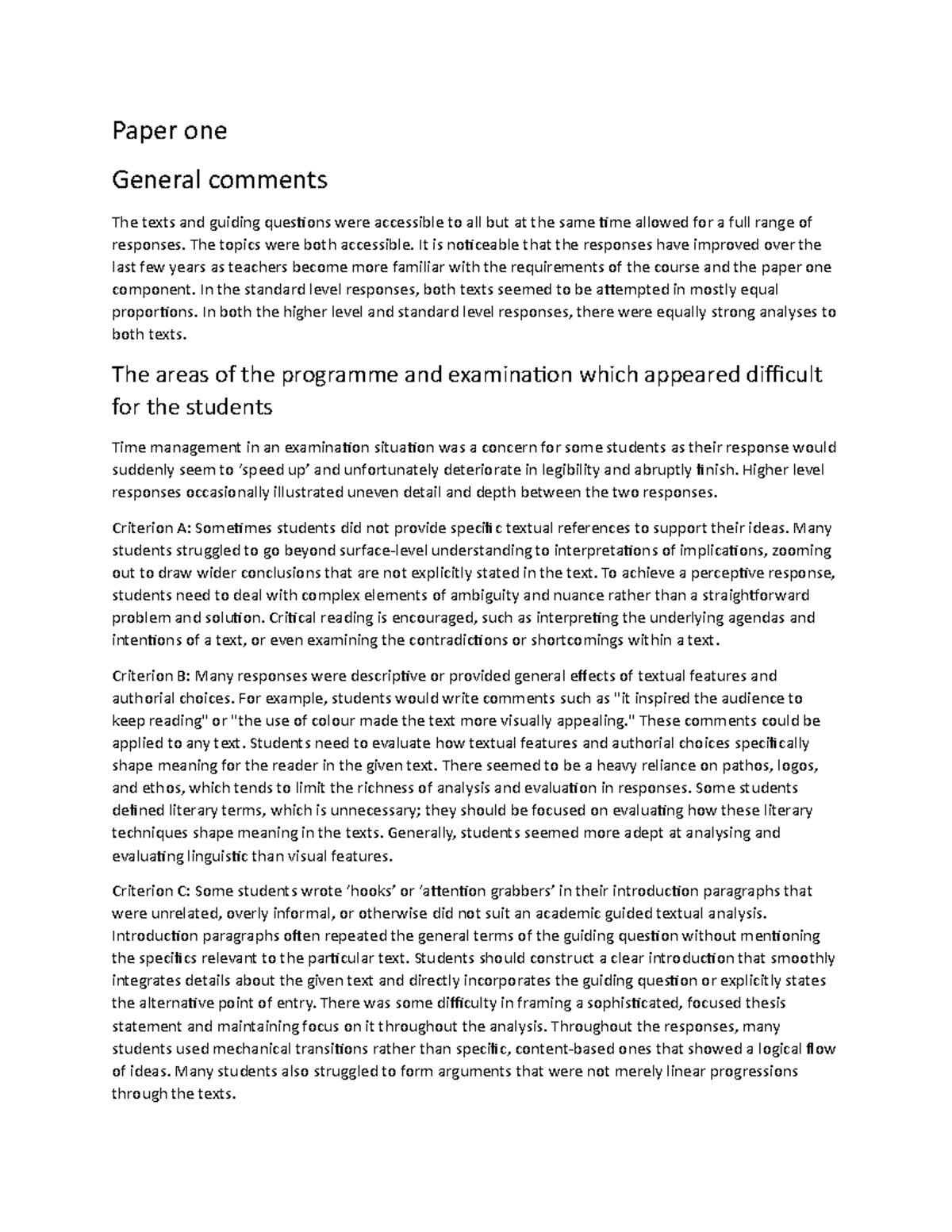 Paper one - Partial Subject Report M24 - Paper one General comments The ...