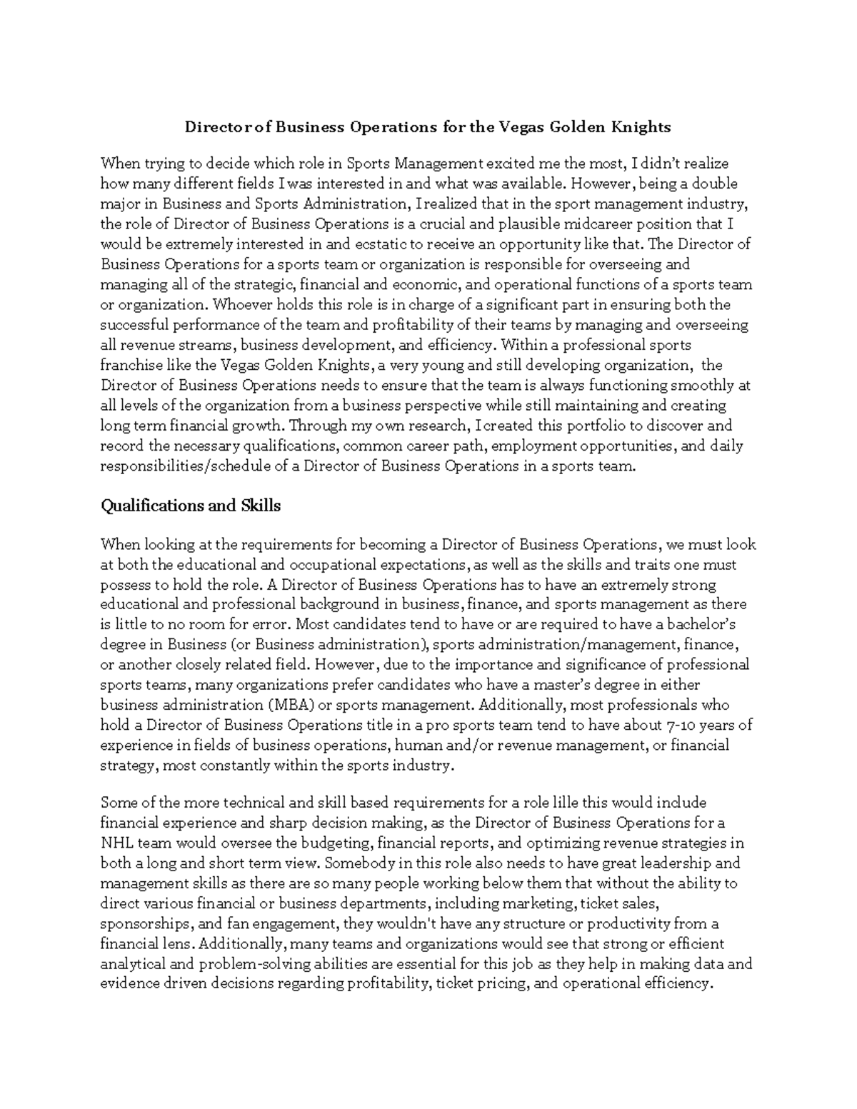 EXSS 101: Portfolio on Director of Business Operations in Sports ...