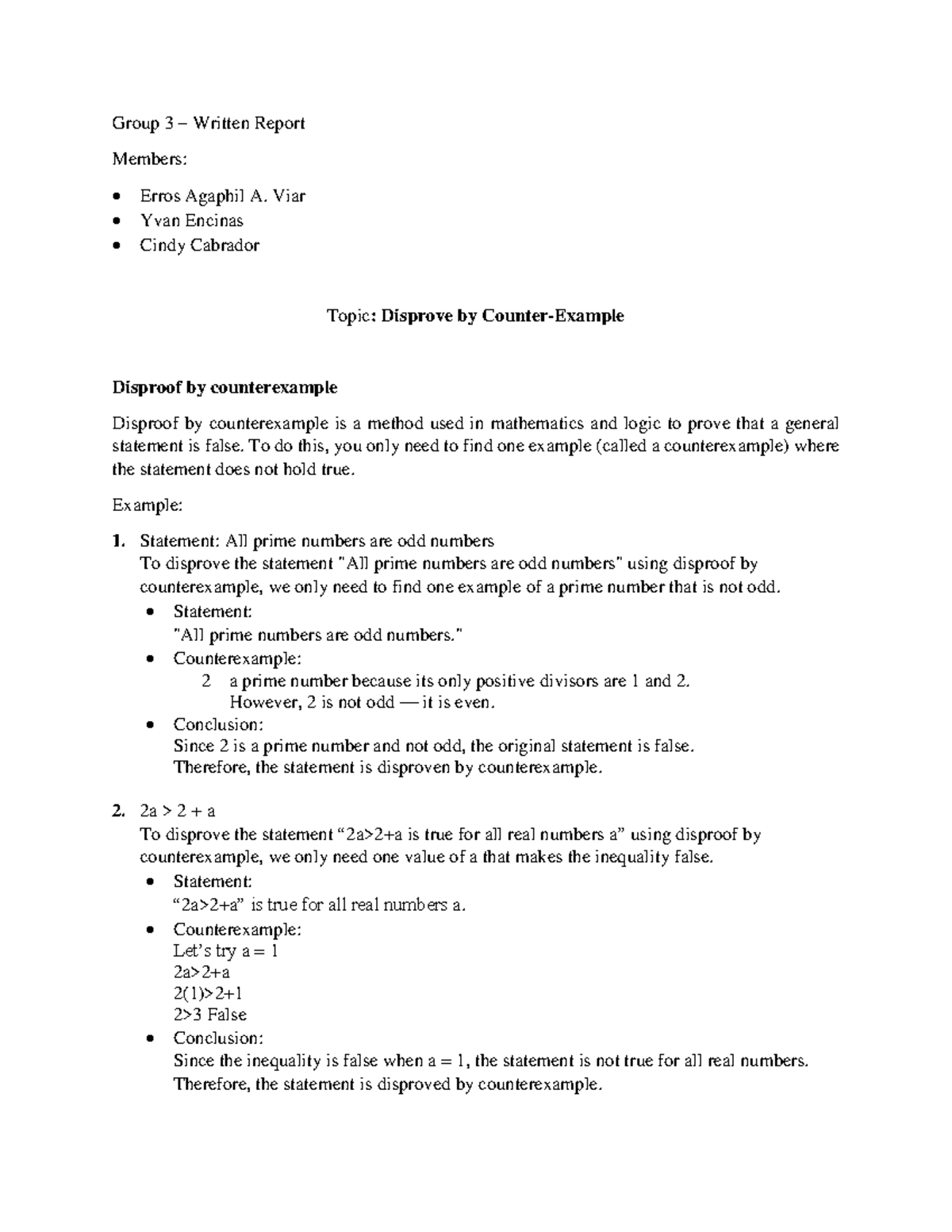 Group 3 Written Report: Disproof & Counterexamples in Math - Studocu