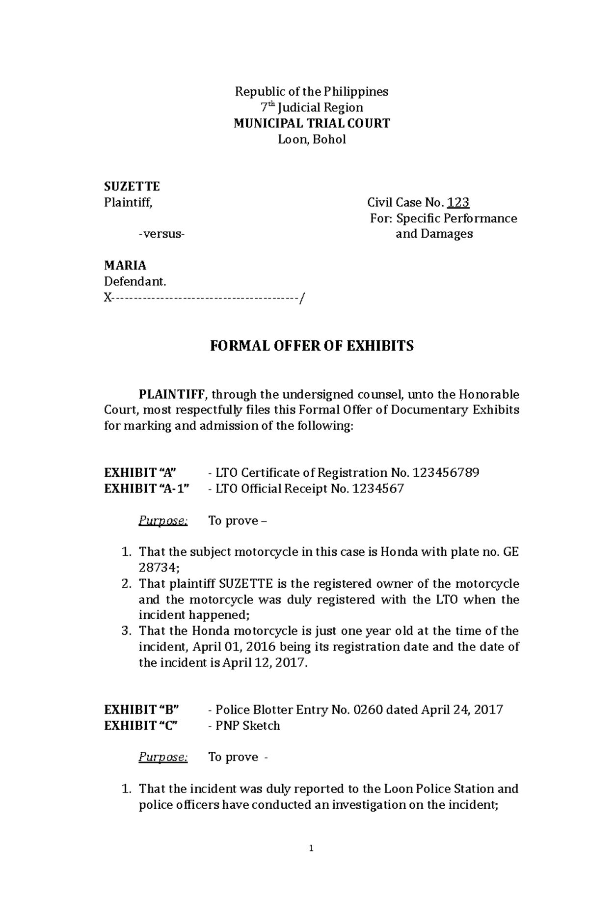 415305570 Formal Offer of Documentary Exhibits in Civil Case No. 123 ...