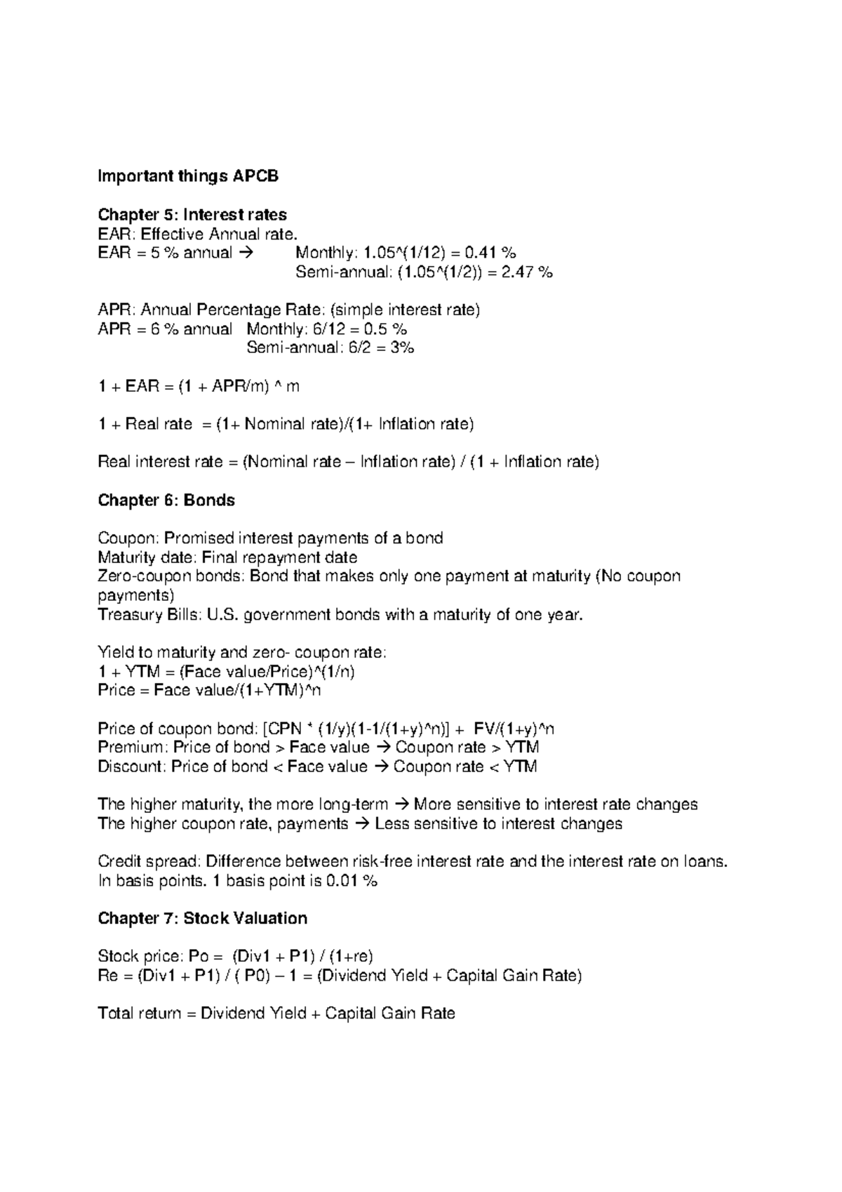 APCB Asset Pricing & Capital Budgeting Summary: Key Points from Ch 5-13 ...