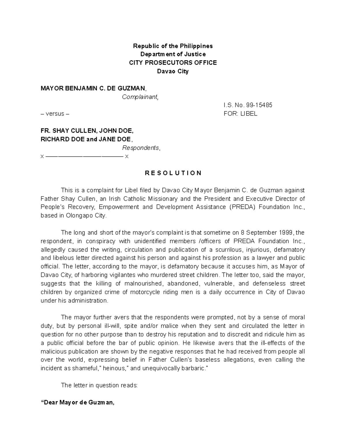 Prosecutor's Resolution on Libel Case (I.S. No. 99) - Davao City - Studocu