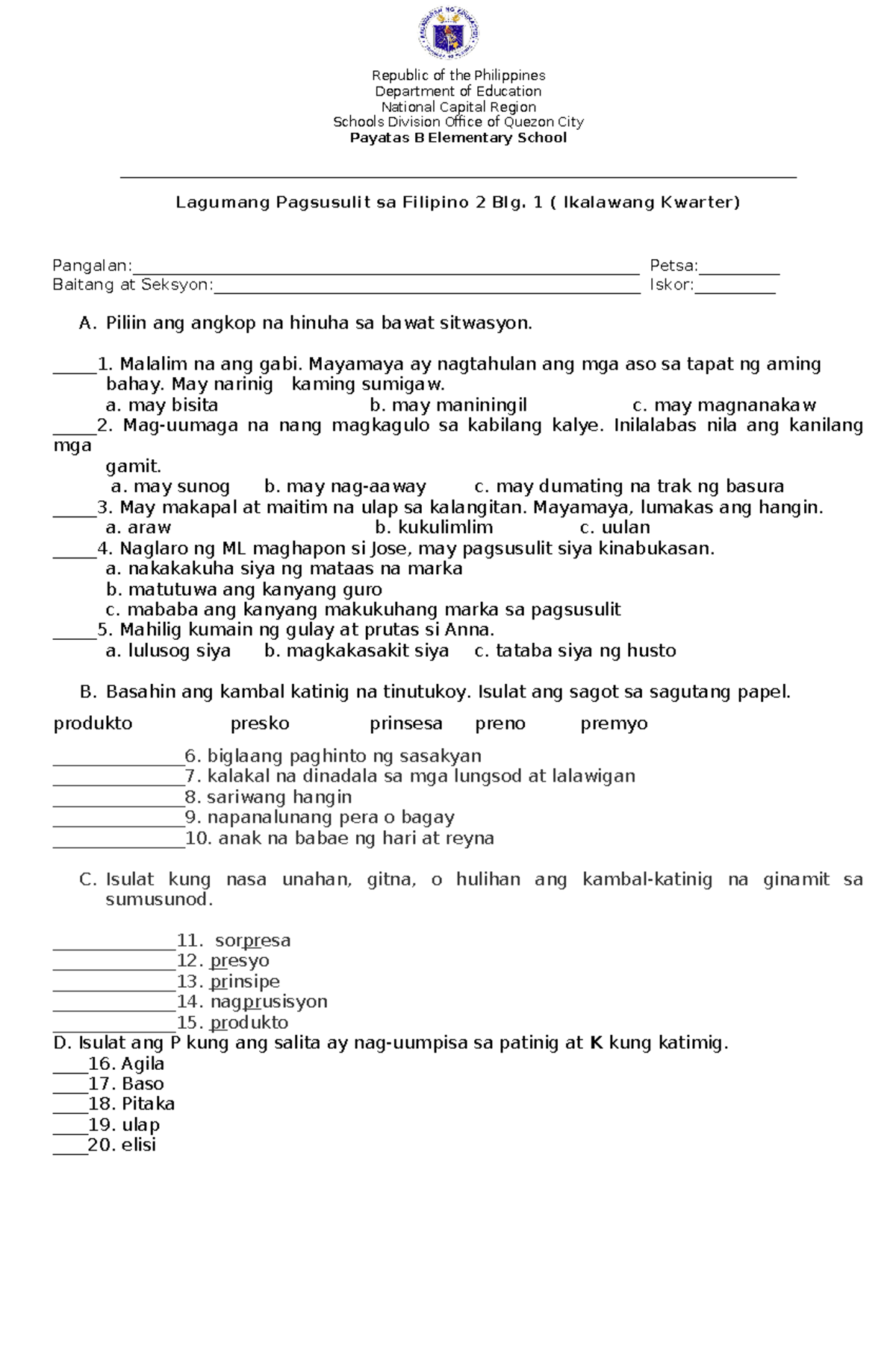 Filipino 2 Lagumang Pagsusulit: Lesson Plan for Beginners - Studocu