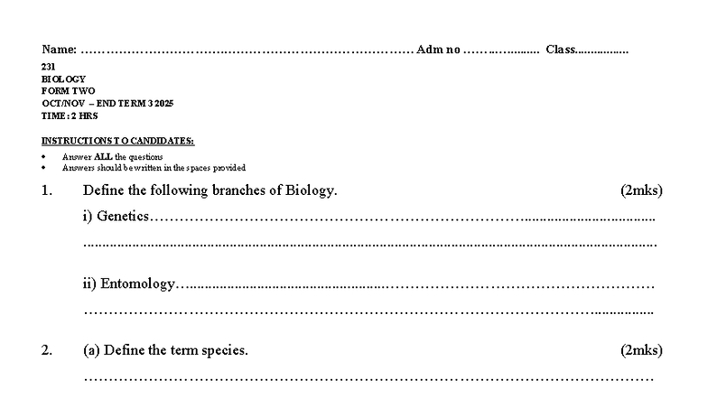 2025 BIOLOGY FORM TWO END TERM 3 QUESTION PAPER - Studocu