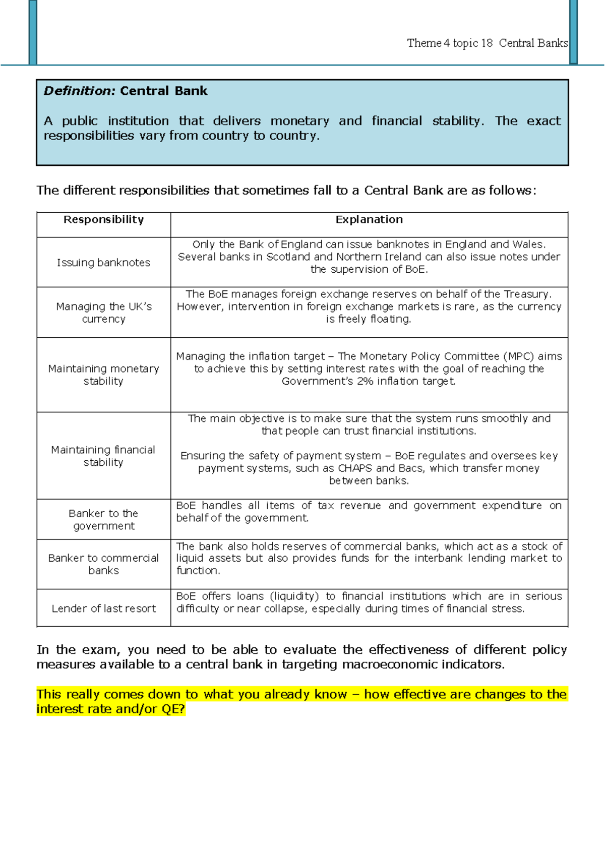 Central Banks: Responsibilities and Monetary Policies Overview - Studocu
