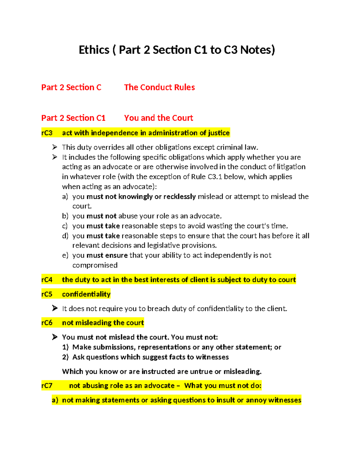 Ethics (LAW 101) Part 2: Section C1-C3 Conduct Rules Notes - Studocu