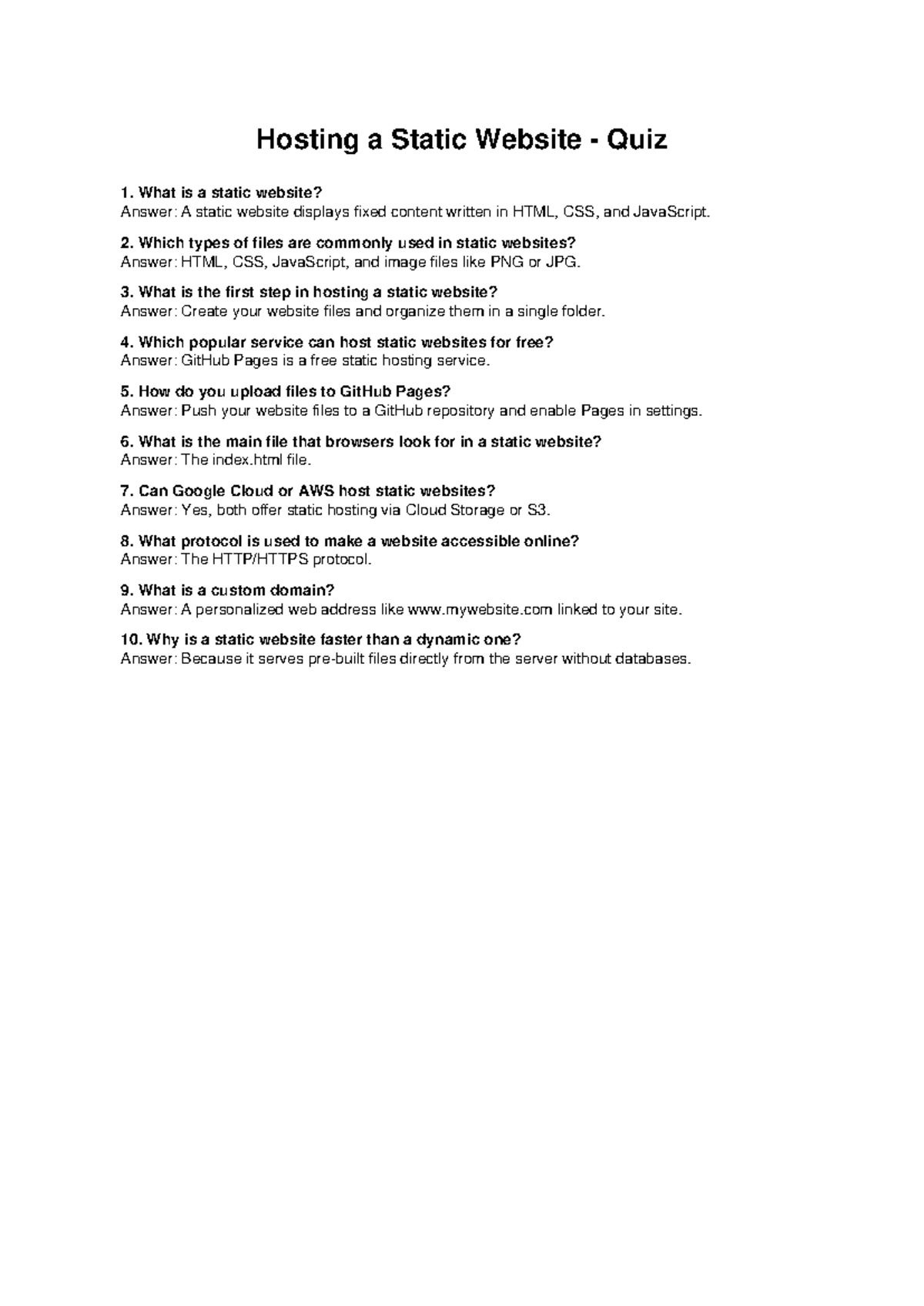 Host Static Website Quiz 1: Key Concepts and Answers - Studocu