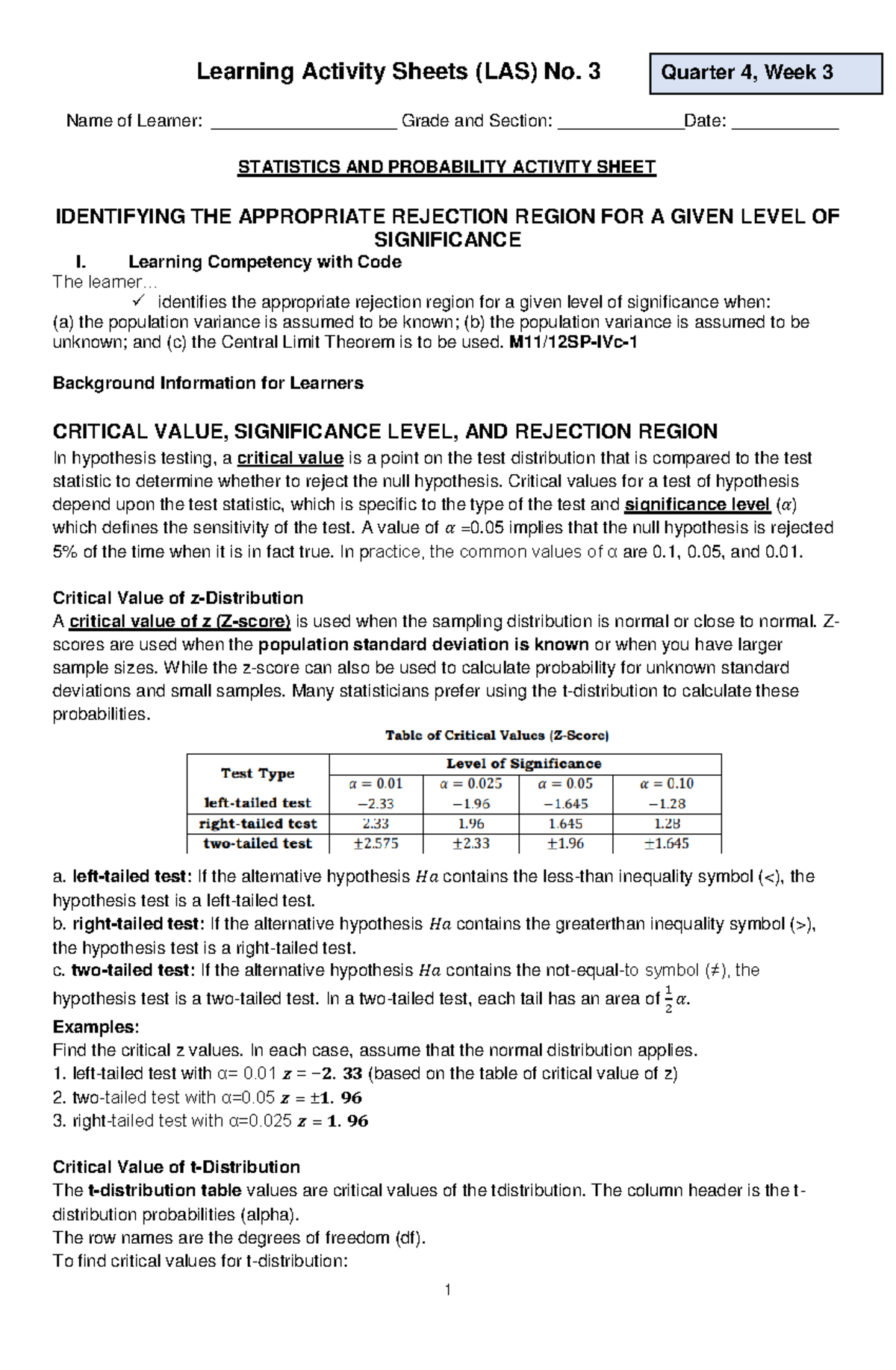 Q4 STAT LAS 3: Identifying Rejection Regions in Hypothesis Testing ...