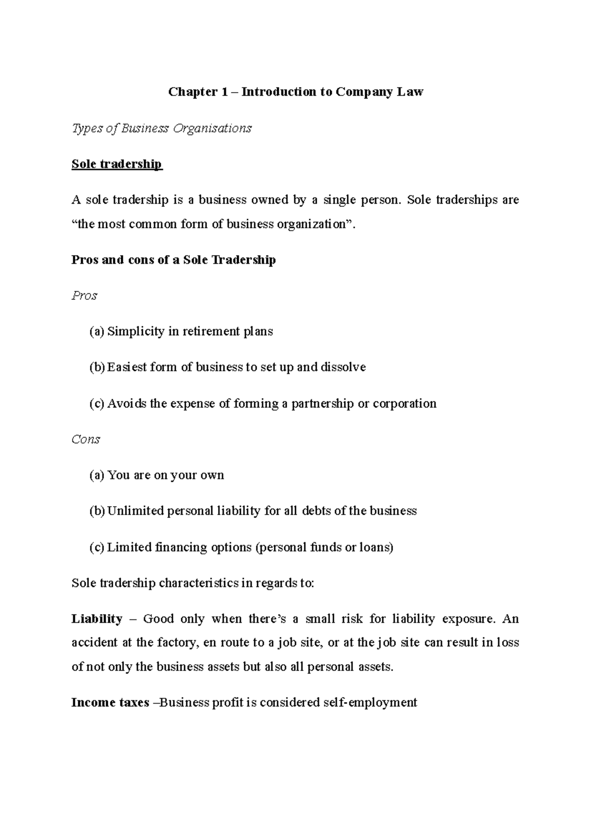 Company Law - Chapter 1 - Lecture Notes on Business Organizations - Studocu