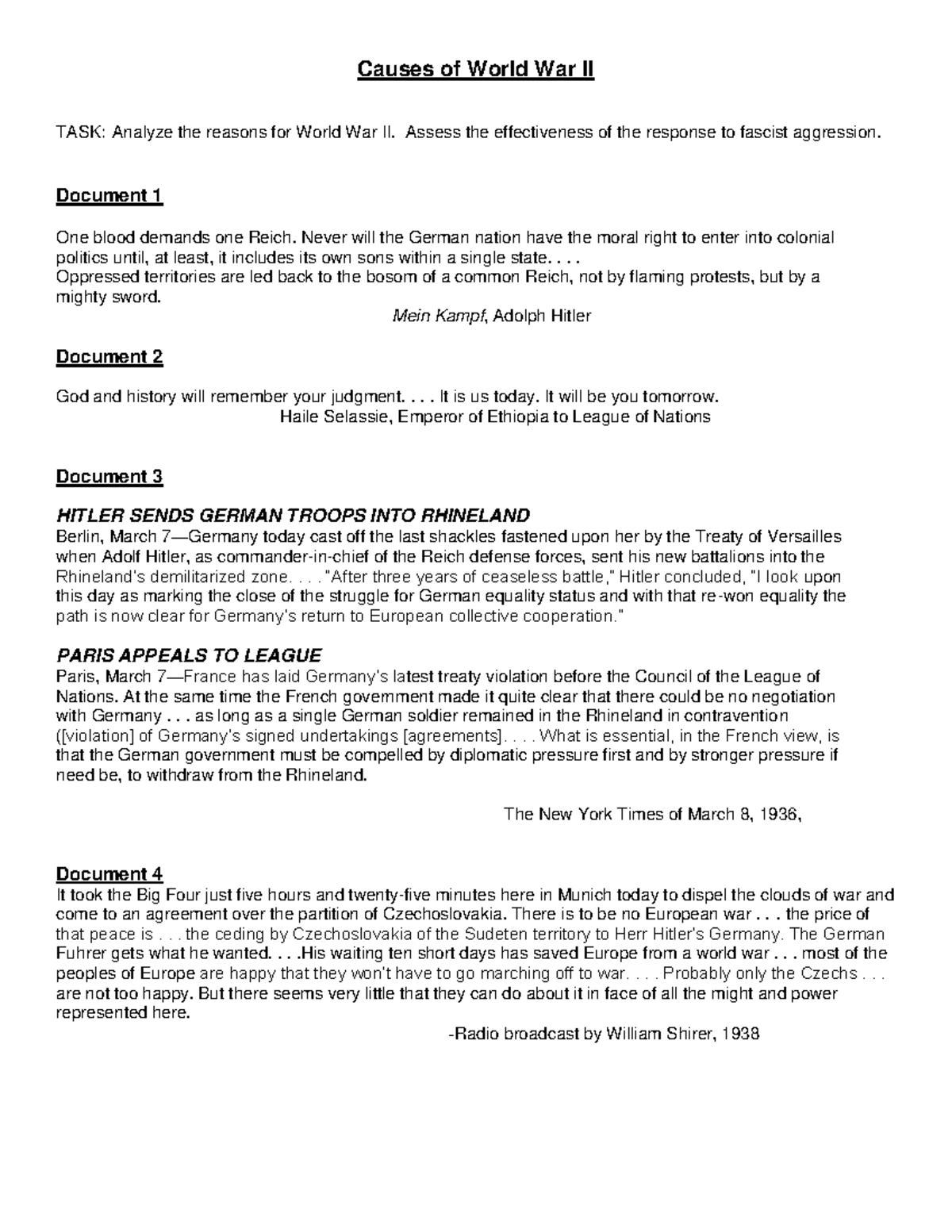 Causes of world war ii - Causes of World War II TASK: Analyze the ...